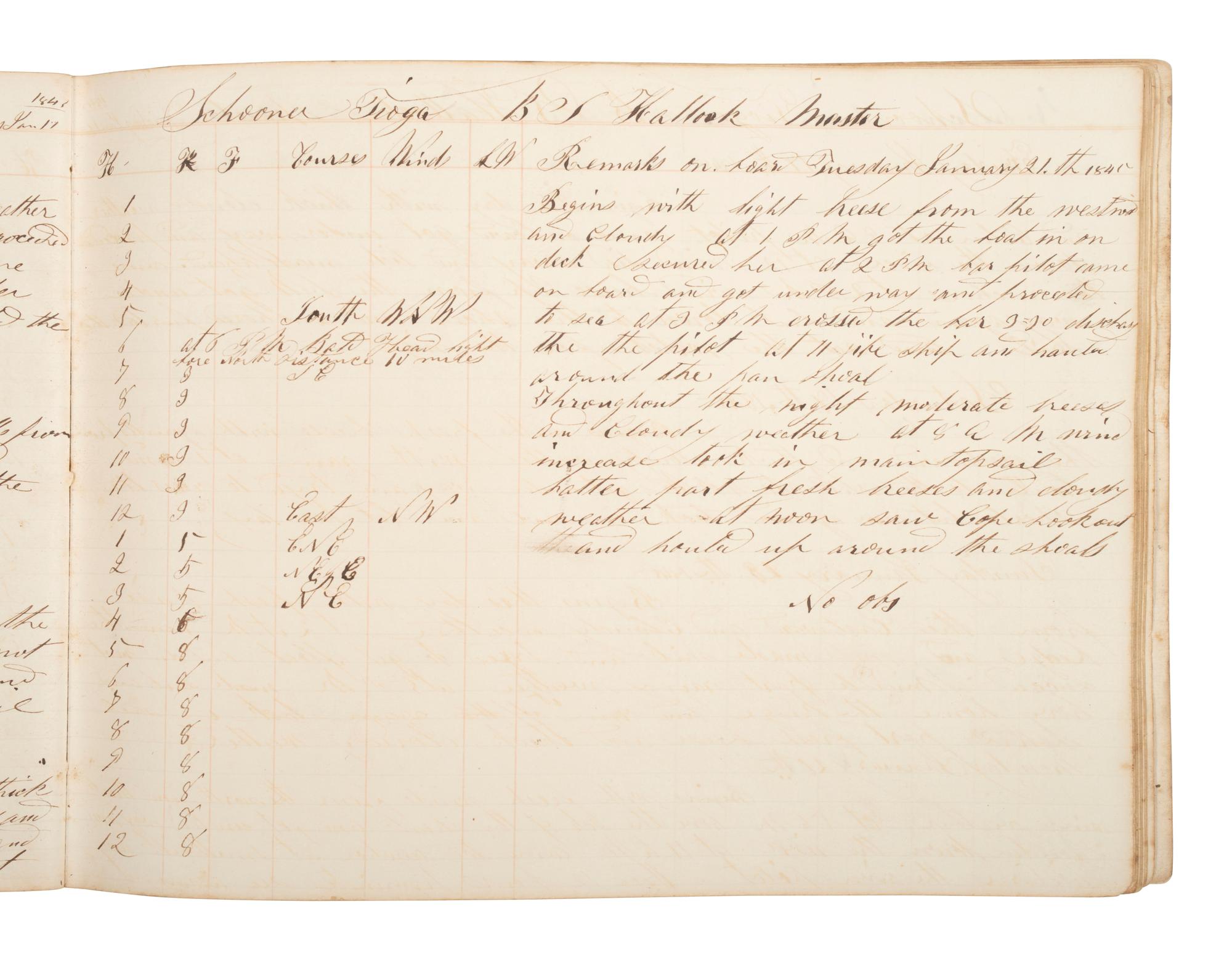 [MARITIME]. Log book of the schooner Tioga , documenting multiple voyages, 1844-45.