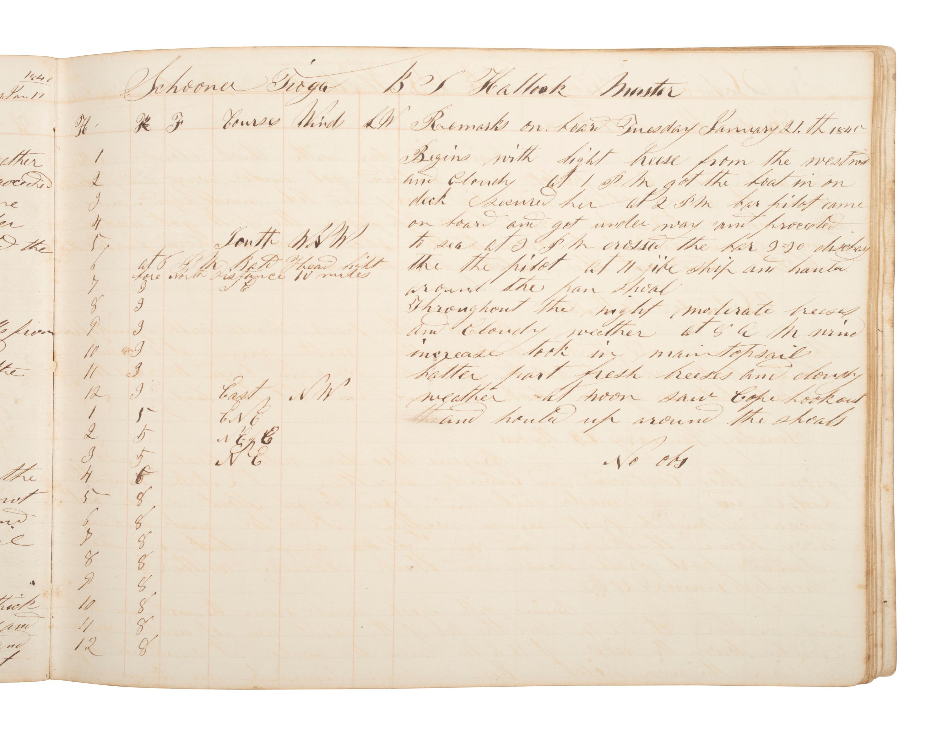 [MARITIME]. Log book of the schooner Tioga , documenting multiple voyages, 1844-45.