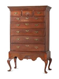 A Queen Anne Fan-Carved Cherrywood Flat-Top High Chest on Stand