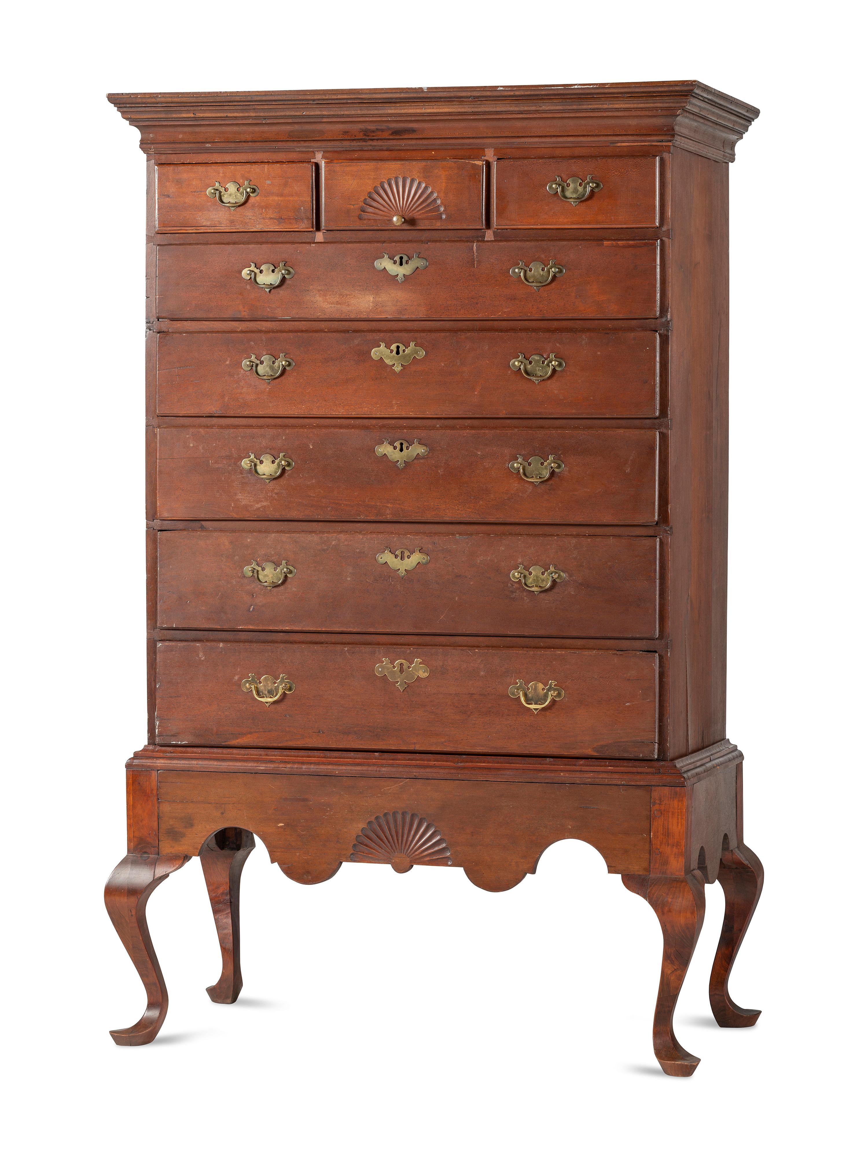 A Queen Anne Fan-Carved Cherrywood Flat-Top High Chest on Stand