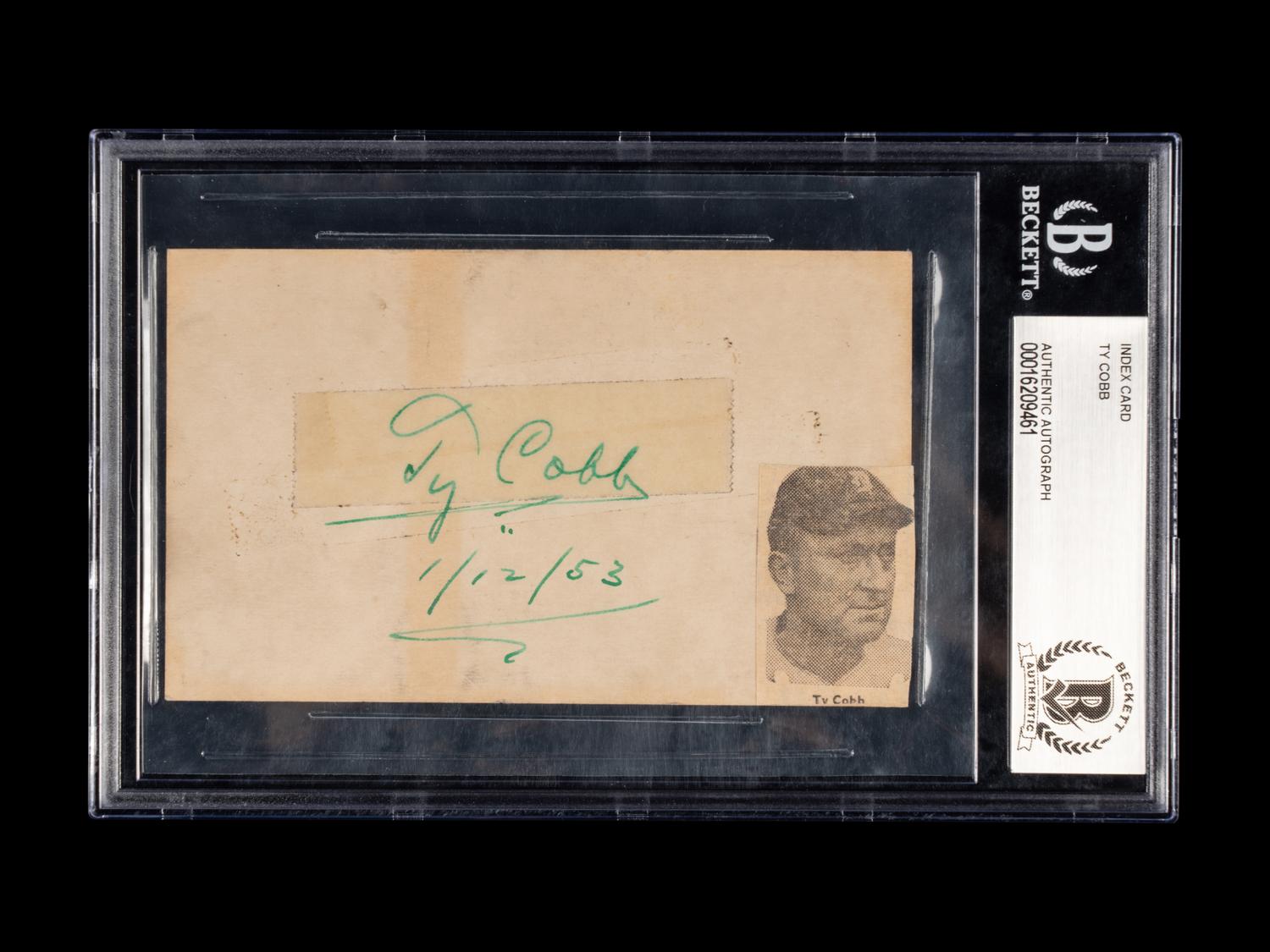 A Ty Cobb Signed Autograph Index Card (Beckett Authentication Services Encapsulated)