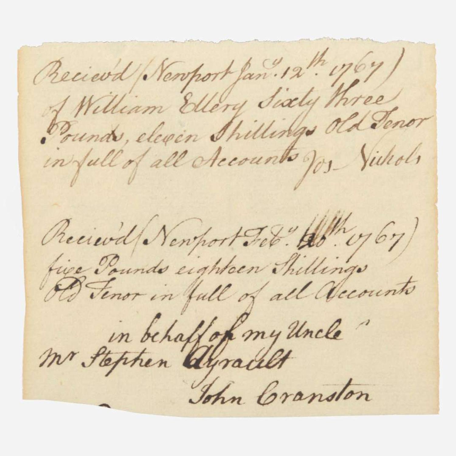 [Declaration of Independence] [Rhode Island] Ellery, William Autograph Document, signed