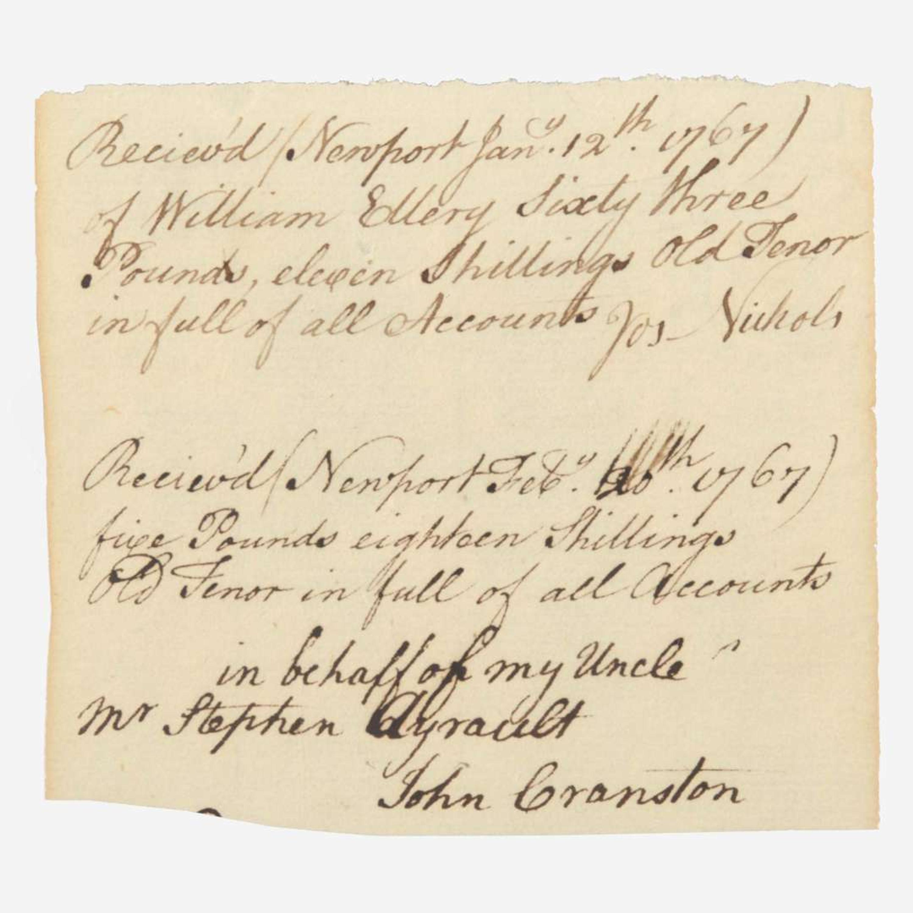 [Declaration of Independence] [Rhode Island] Ellery, William Autograph Document, signed