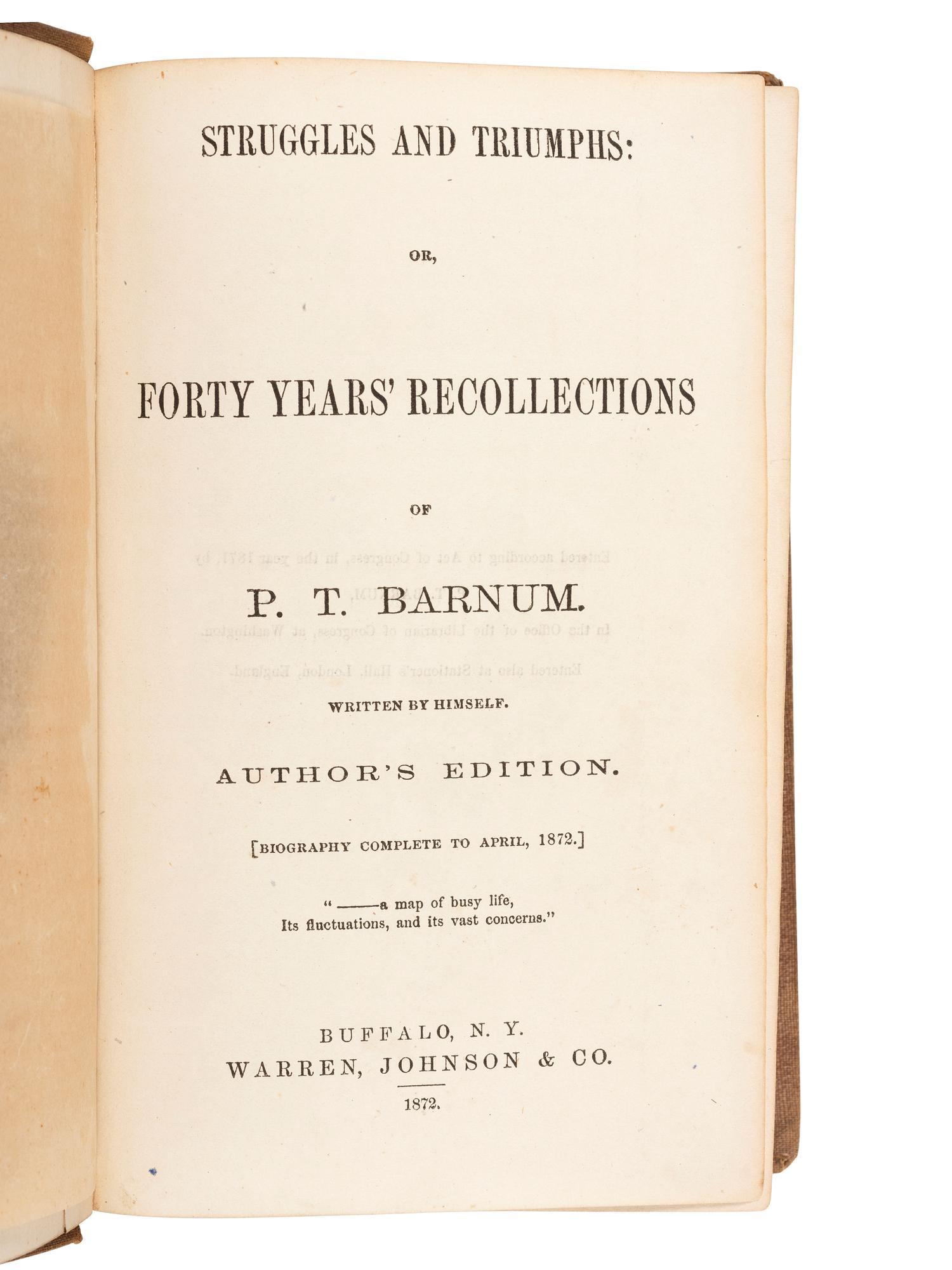America in Manuscript BARNUM, Phineas Taylor (1810-1891). Autograph album compiled and inscribed by P.T. Barnum, with signatures of Tom Thumb and Edwin Booth.