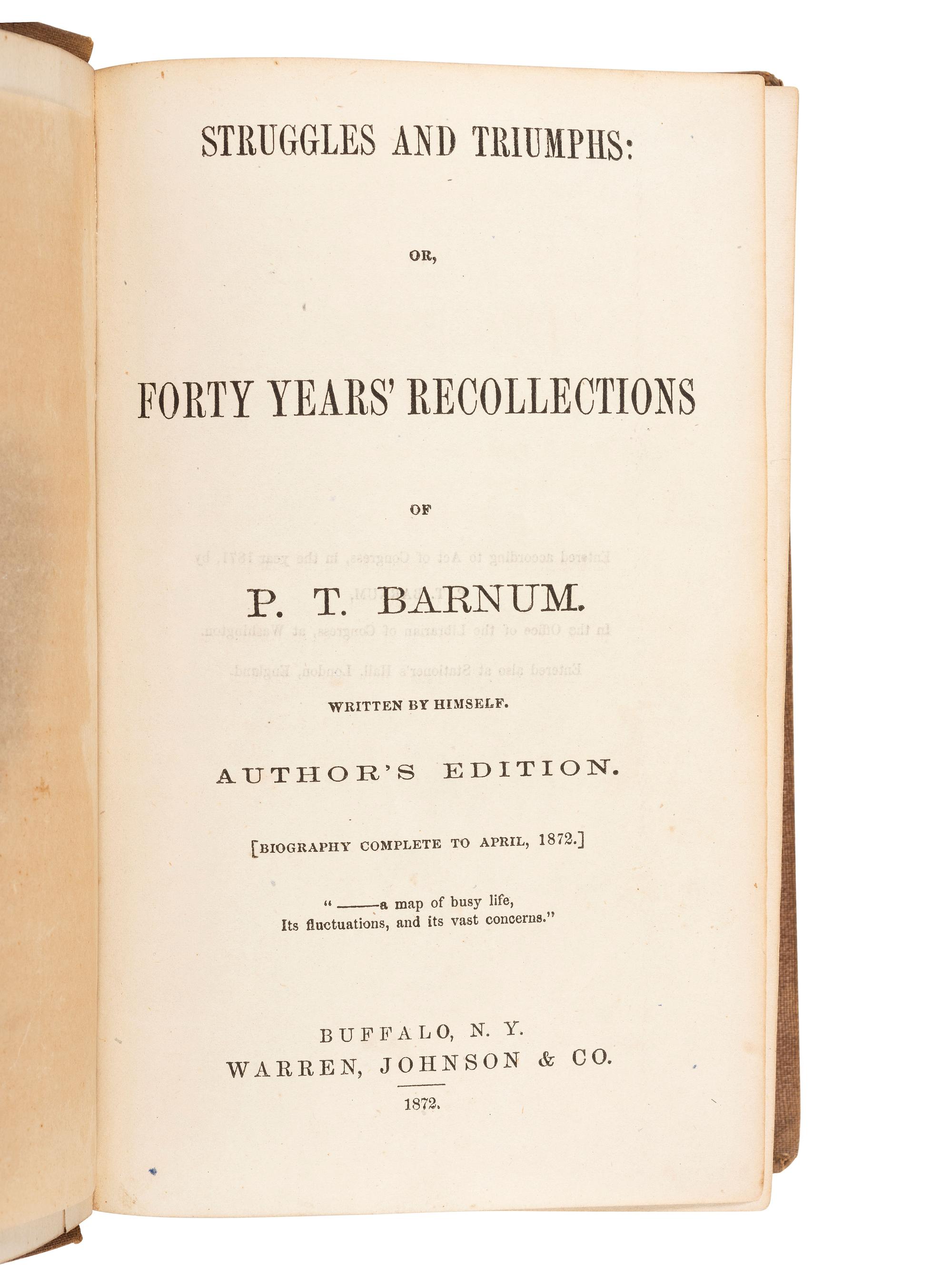 America in Manuscript BARNUM, Phineas Taylor (1810-1891). Autograph album compiled and inscribed by P.T. Barnum, with signatures of Tom Thumb and Edwin Booth.