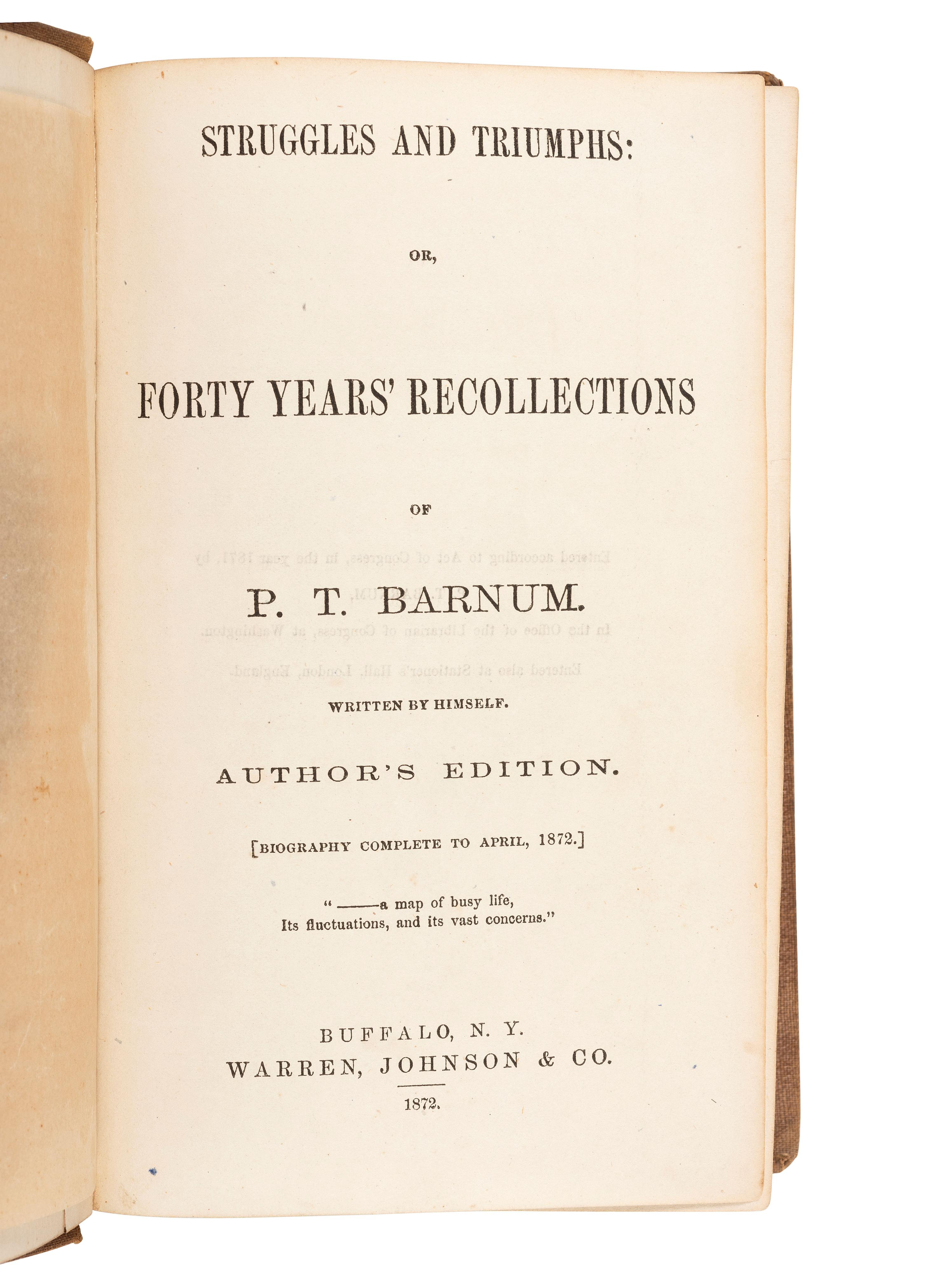 America in Manuscript BARNUM, Phineas Taylor (1810-1891). Autograph album compiled and inscribed by P.T. Barnum, with signatures of Tom Thumb and Edwin Booth.