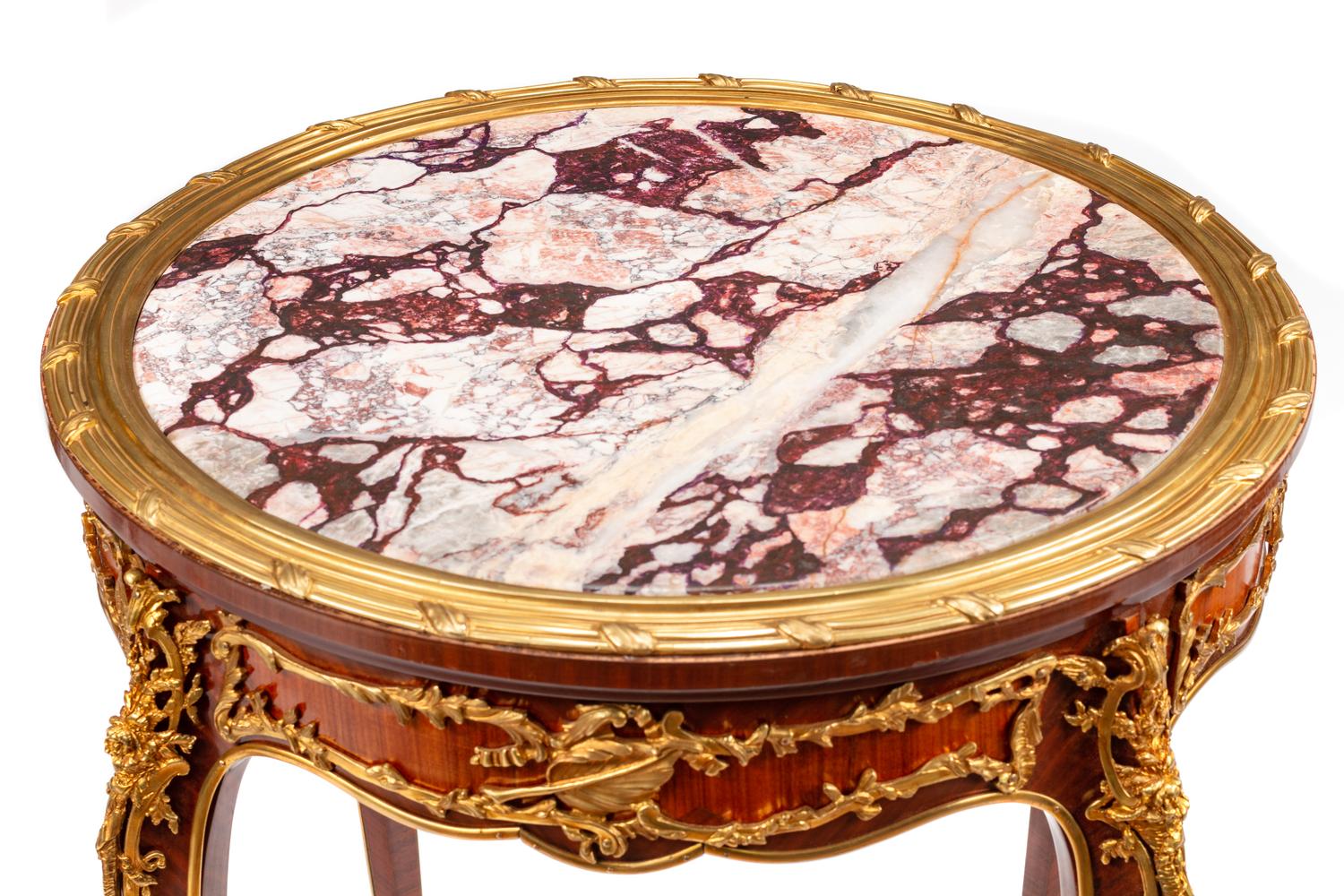A Pair of Louis XV Style Gilt Bronze Mounted Marble-Top Tables