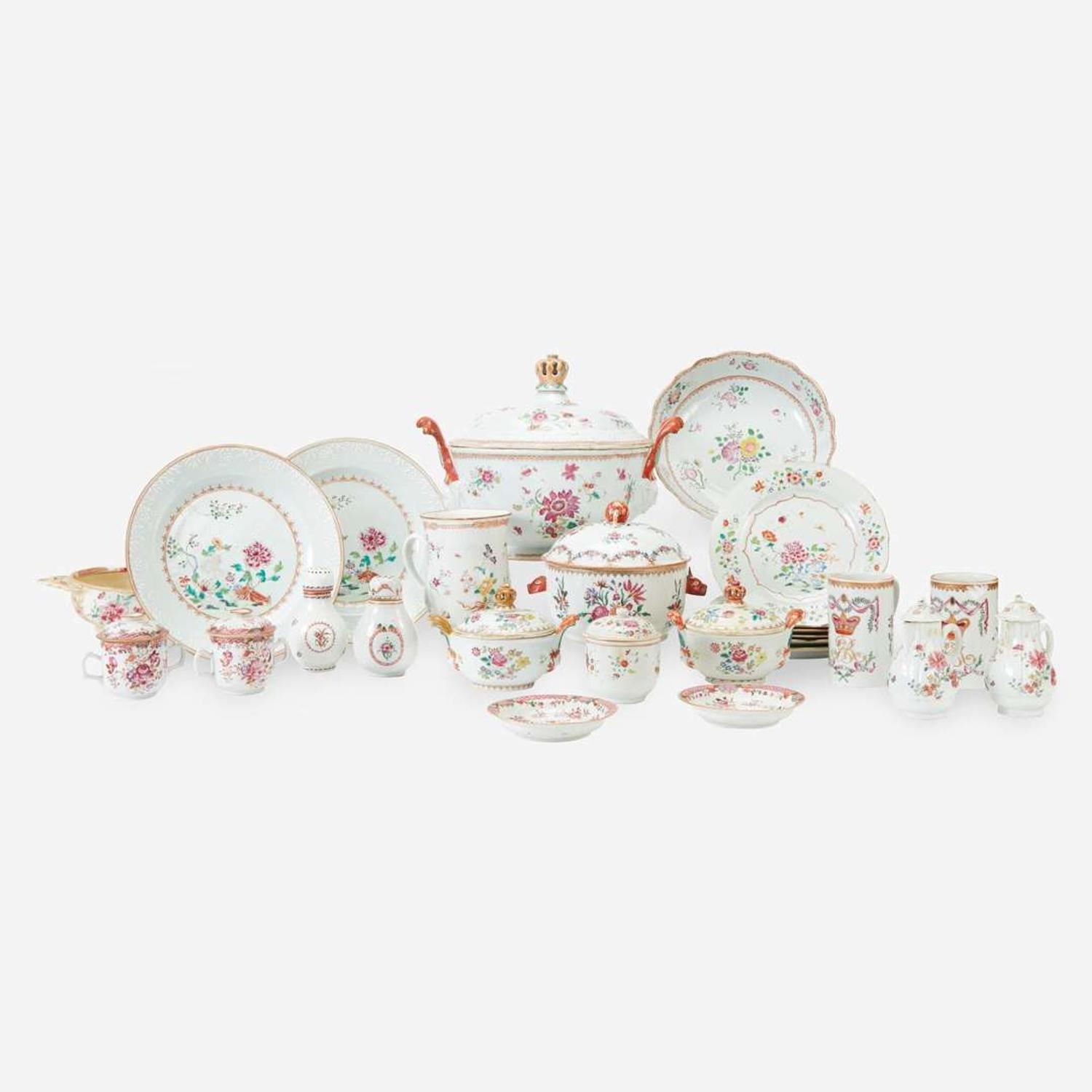 A collection of twenty-six Chinese Export Famille Rose and Sansom porcelain tablewares 18th and 19th century
