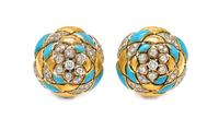 A Pair of Yellow Gold, Diamond and Enamel Earclips, 11.40 dwts.