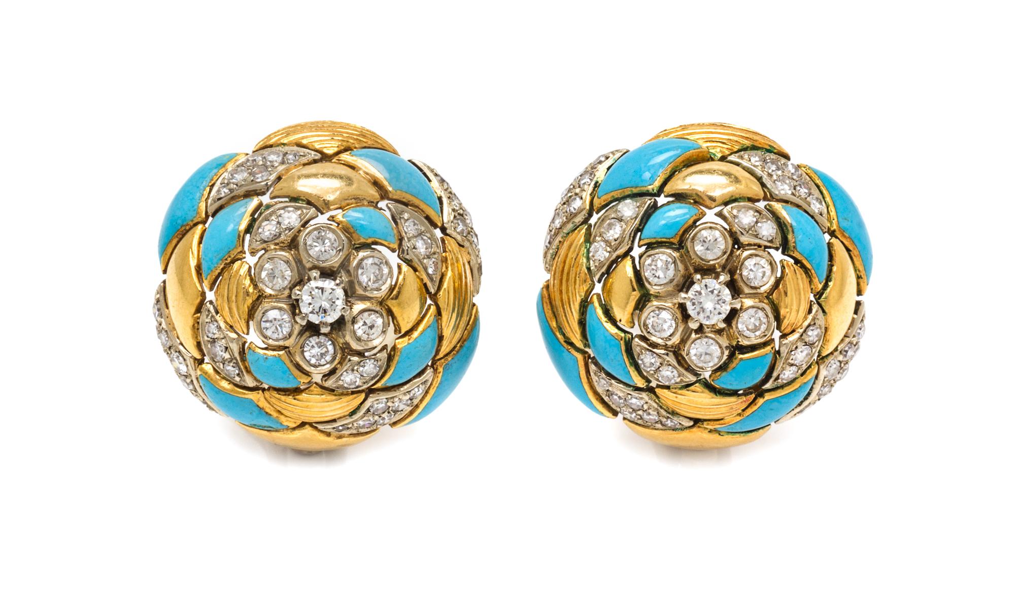 A Pair of Yellow Gold, Diamond and Enamel Earclips, 11.40 dwts.