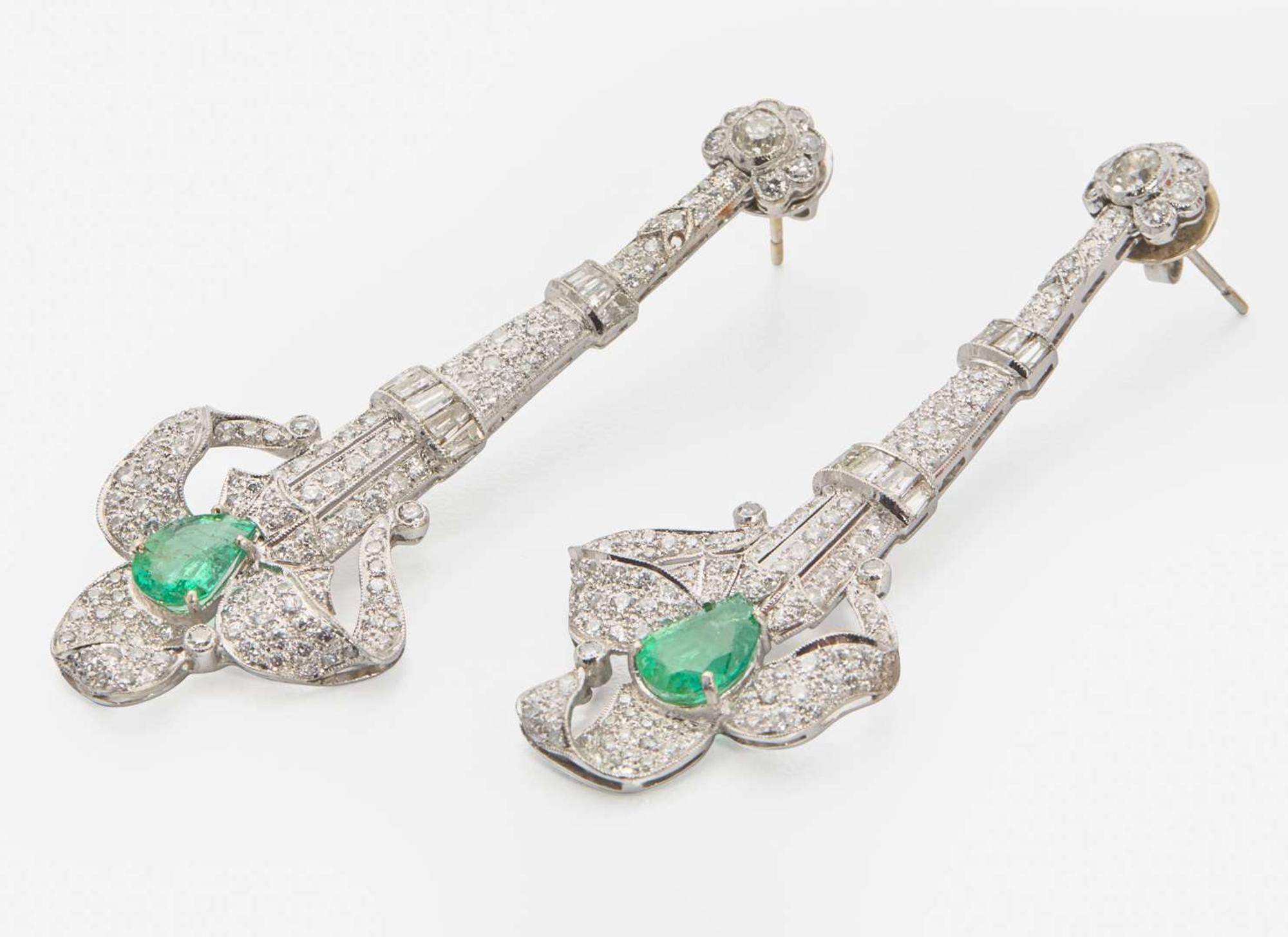 A Pair of Diamond and Emerald Earrings