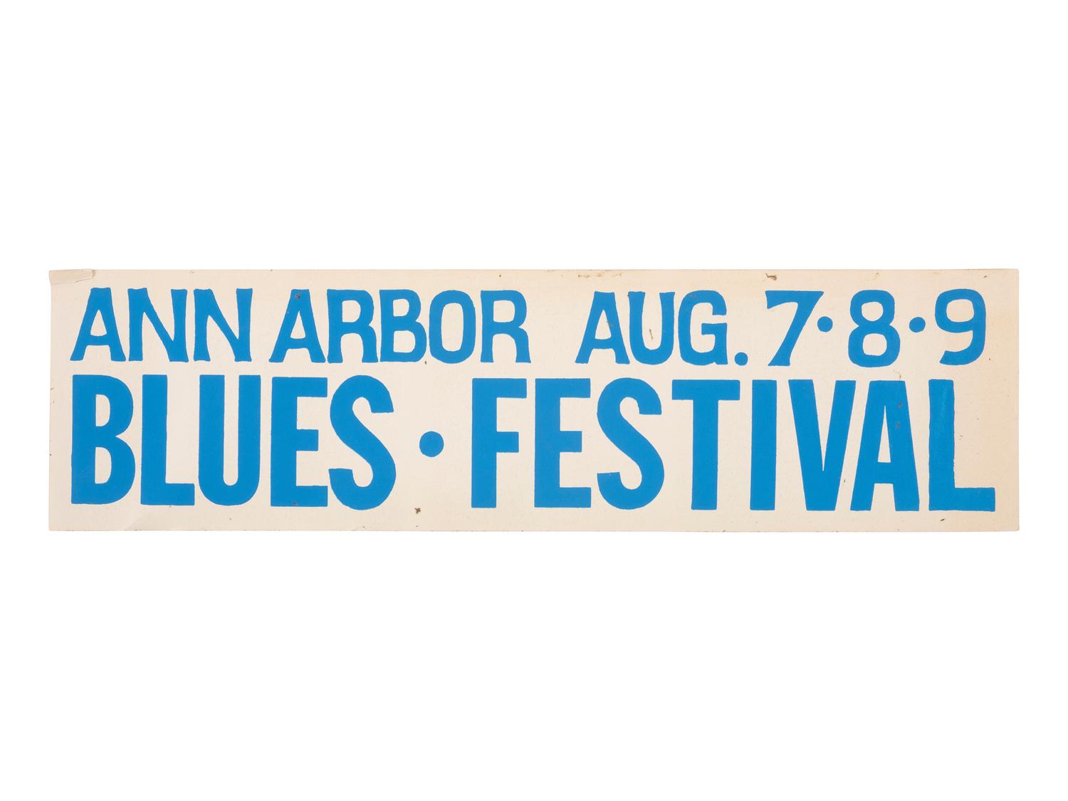 [MUSIC]. A group of 4 items promoting the Ann Arbor Blues and Jazz Festivals in 1970 and 1972, incl. posters, a program and bumper sticker.