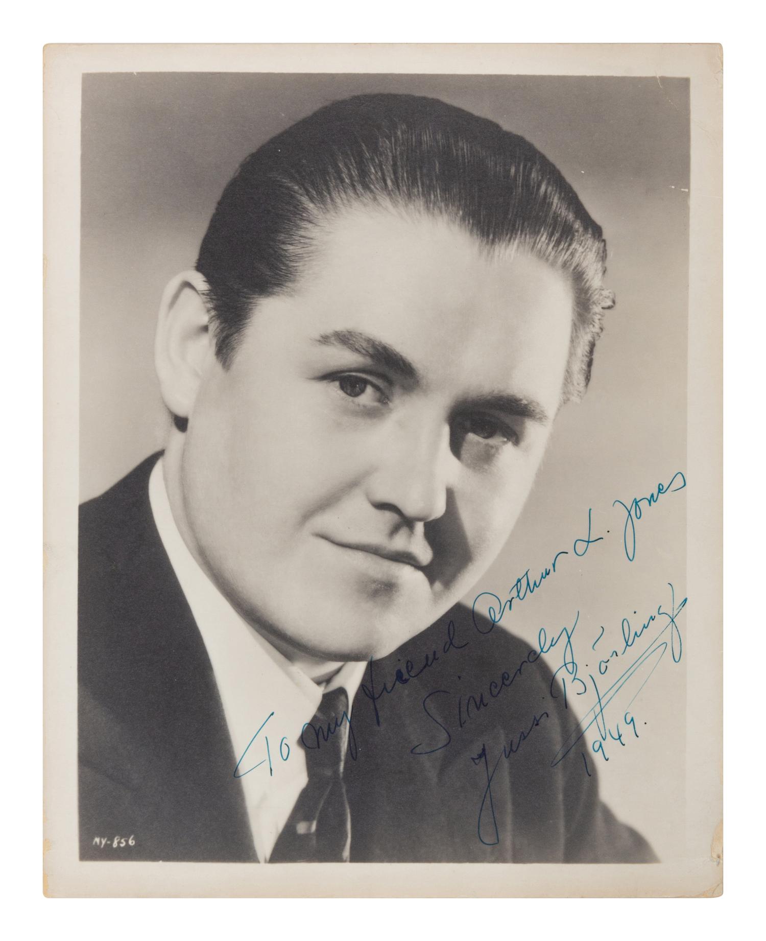 BJÖRLING, Jussi (1911-1960). Photographic portrait- signed and inscribed (“To my friend Arthur L. Jones Sincerely Jussi Björling 1949.”)