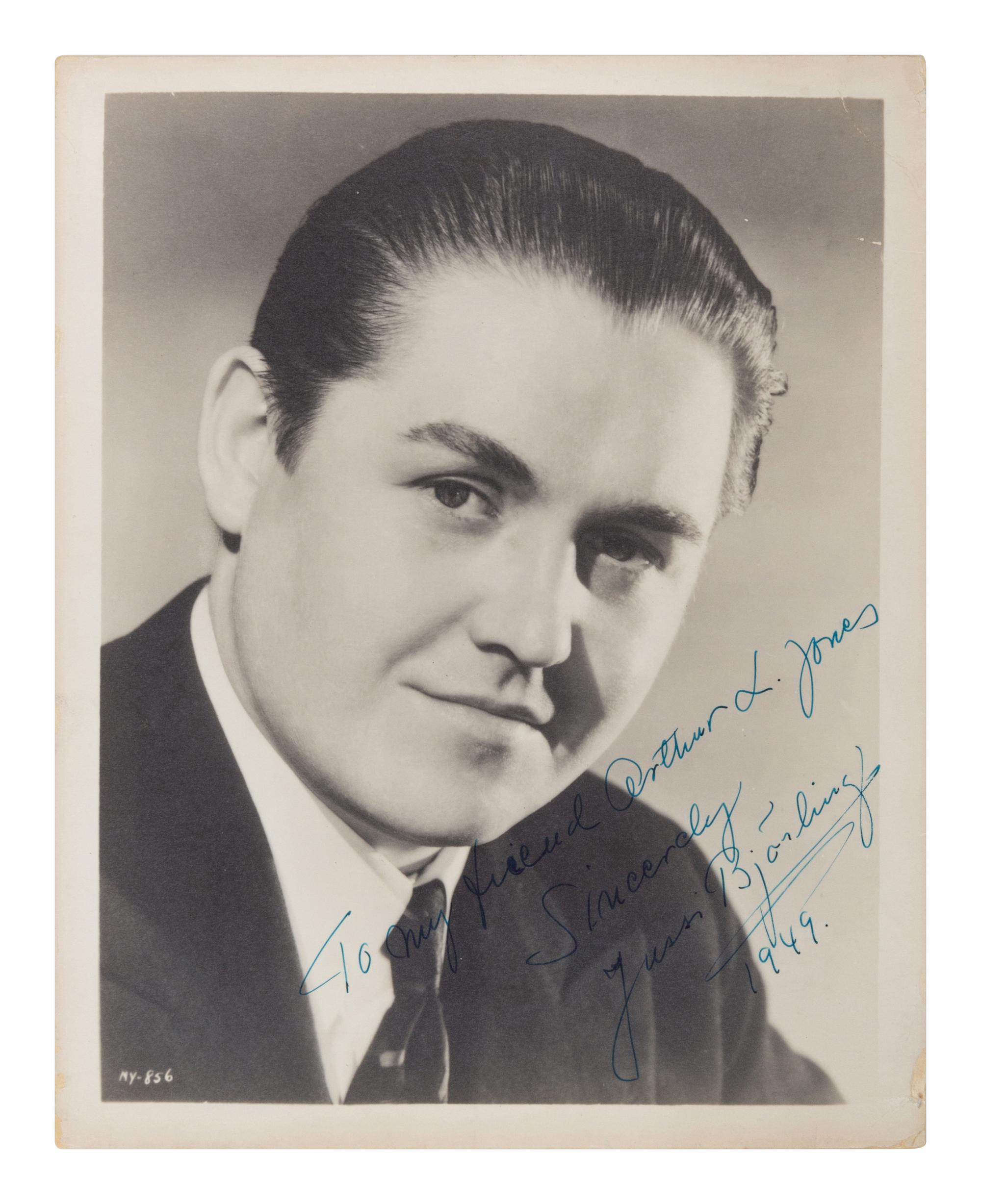 BJÖRLING, Jussi (1911-1960). Photographic portrait- signed and inscribed (“To my friend Arthur L. Jones Sincerely Jussi Björling 1949.”)