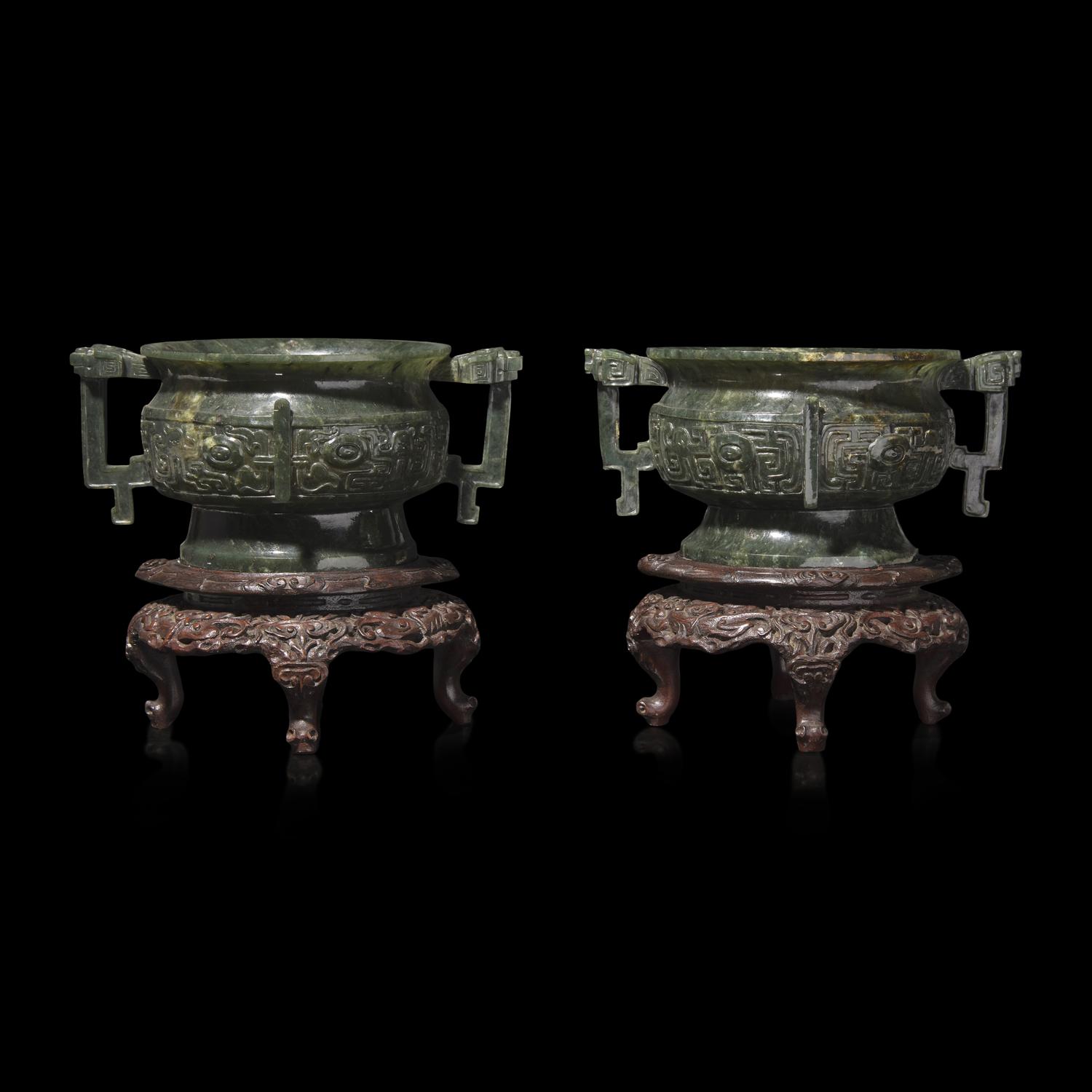 An Associated Pair of Chinese Spinach Green Jade Archaistic Censers, Gui 碧玉仿古紋簋一對