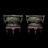 An Associated Pair of Chinese Spinach Green Jade Archaistic Censers, Gui 碧玉仿古紋簋一對