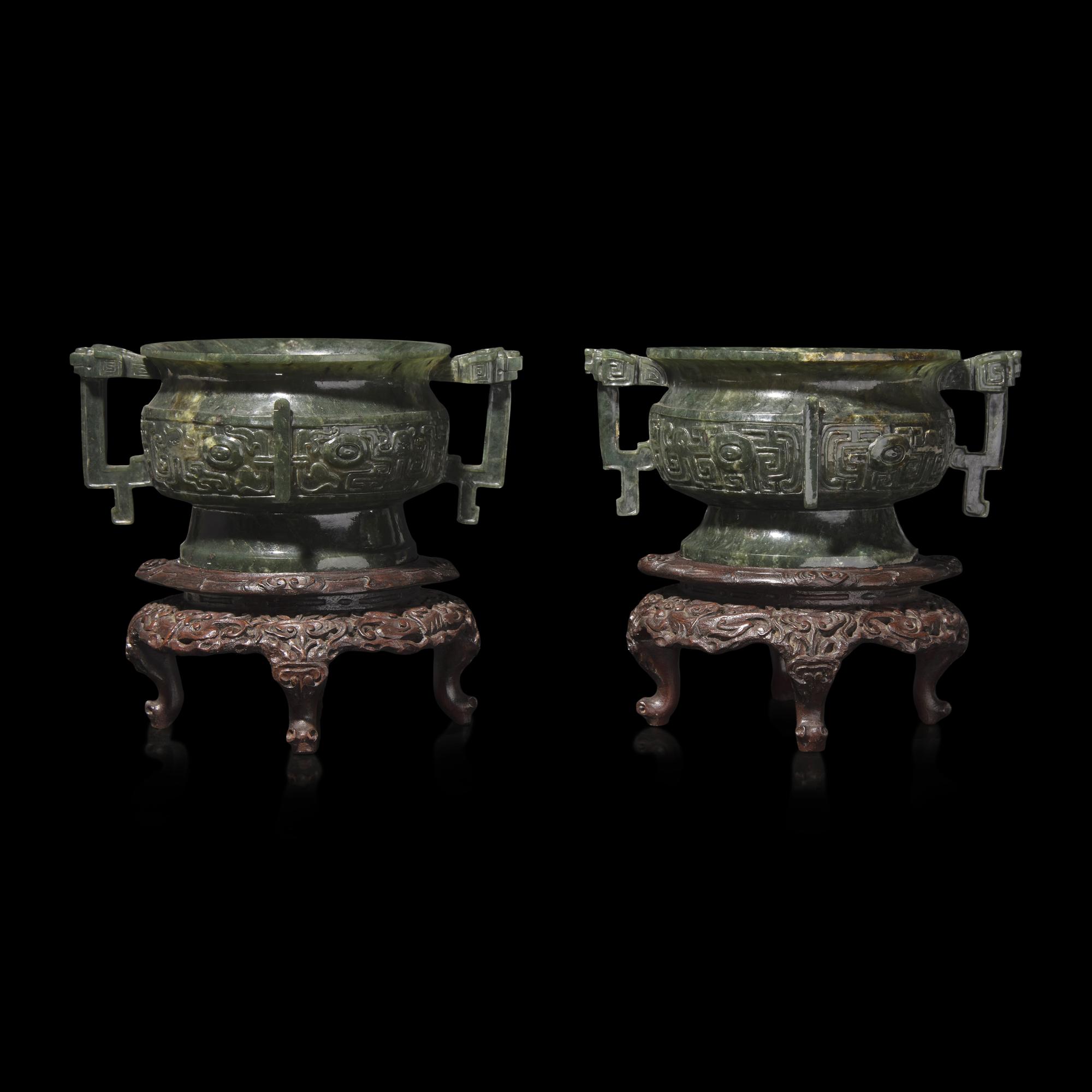 An Associated Pair of Chinese Spinach Green Jade Archaistic Censers, Gui 碧玉仿古紋簋一對