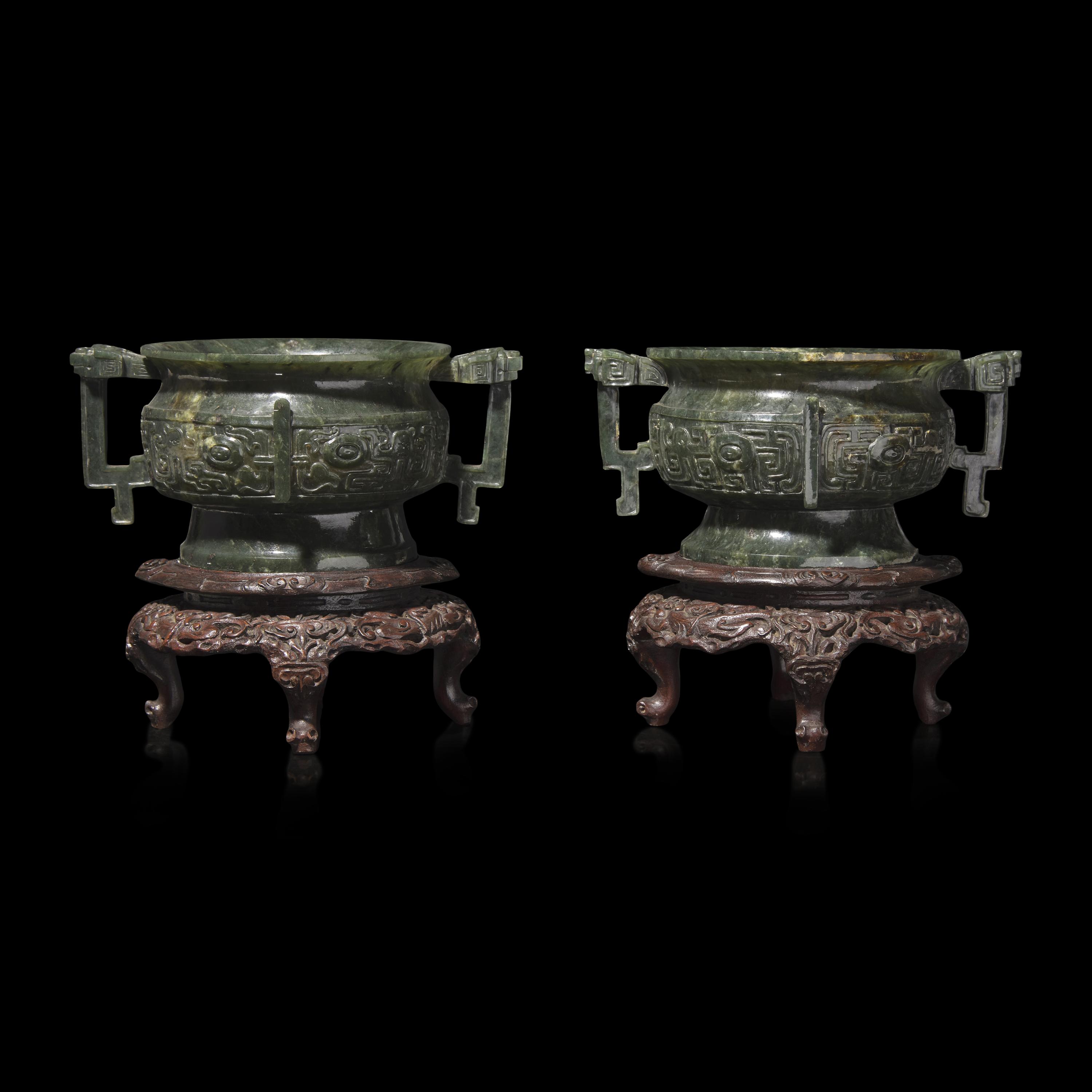An Associated Pair of Chinese Spinach Green Jade Archaistic Censers, Gui 碧玉仿古紋簋一對