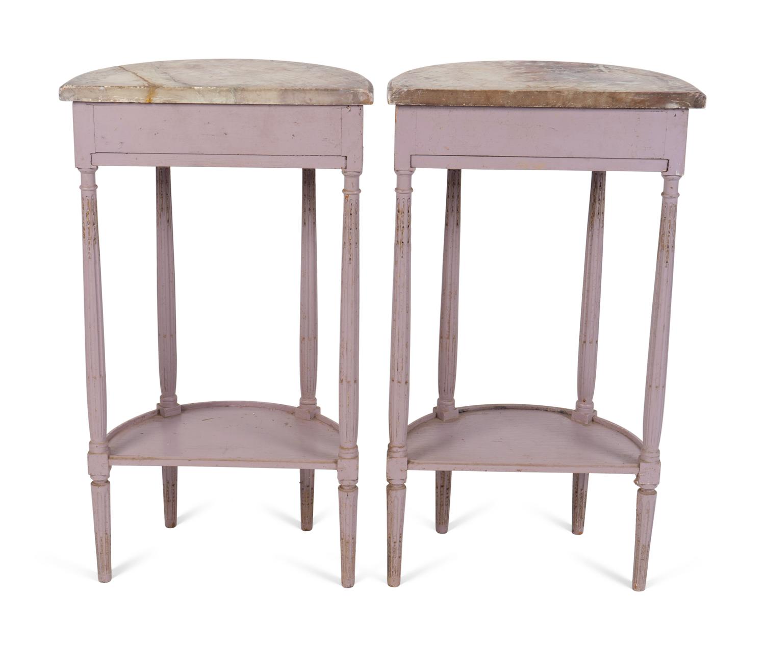 A Pair of Louis XV Style Painted Demi-lune Marble Top Console Tables — 20TH CENTURY