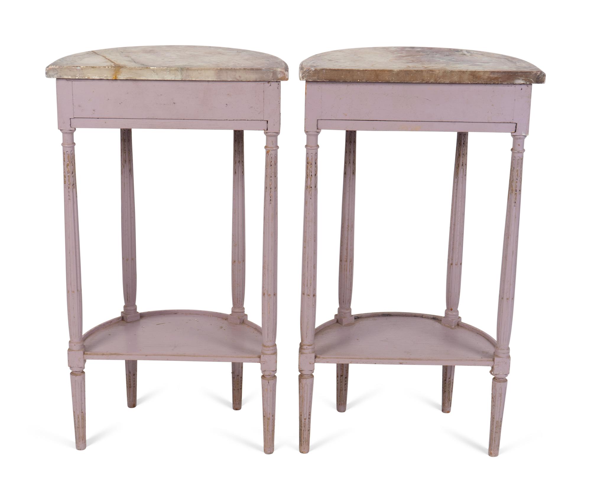 A Pair of Louis XV Style Painted Demi-lune Marble Top Console Tables — 20TH CENTURY