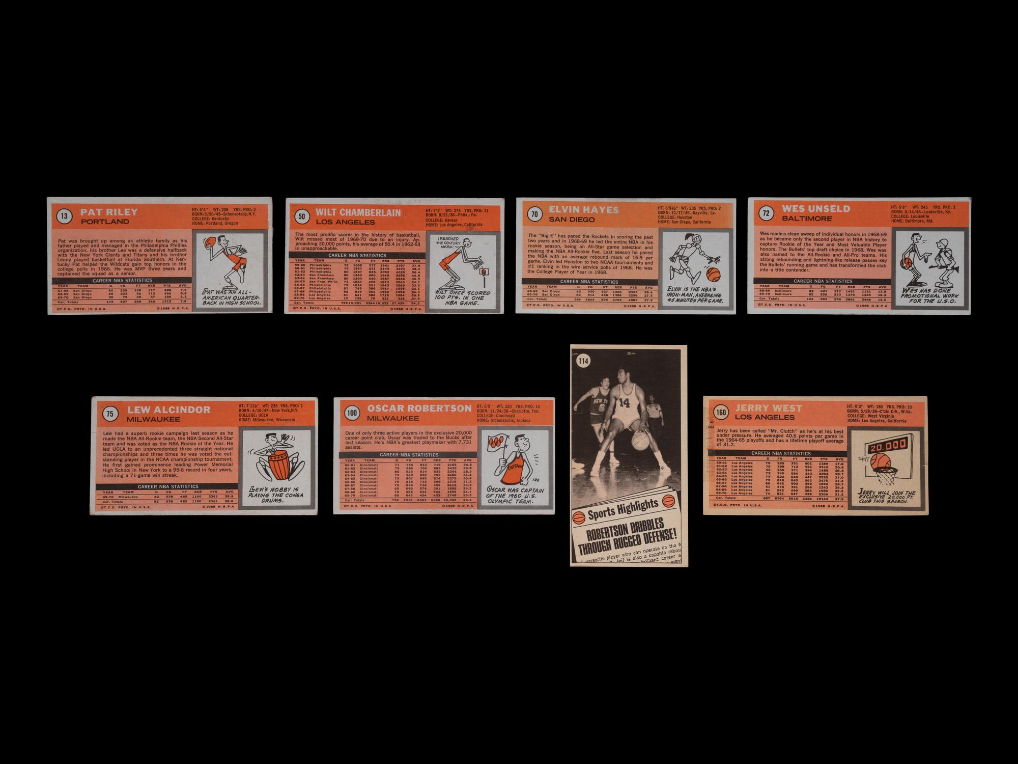 A Group of Eight 1970 Topps Basketball Cards (Including Lew Alcindor / Kareem Abdul-Jabbar and Wilt Chamberlain),