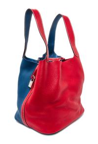 An Hermes Rouge Casaque and Bleu Taurillon Clemence Picotin Lock GM Handbag, 10.5" x 10.5" x 8.5".