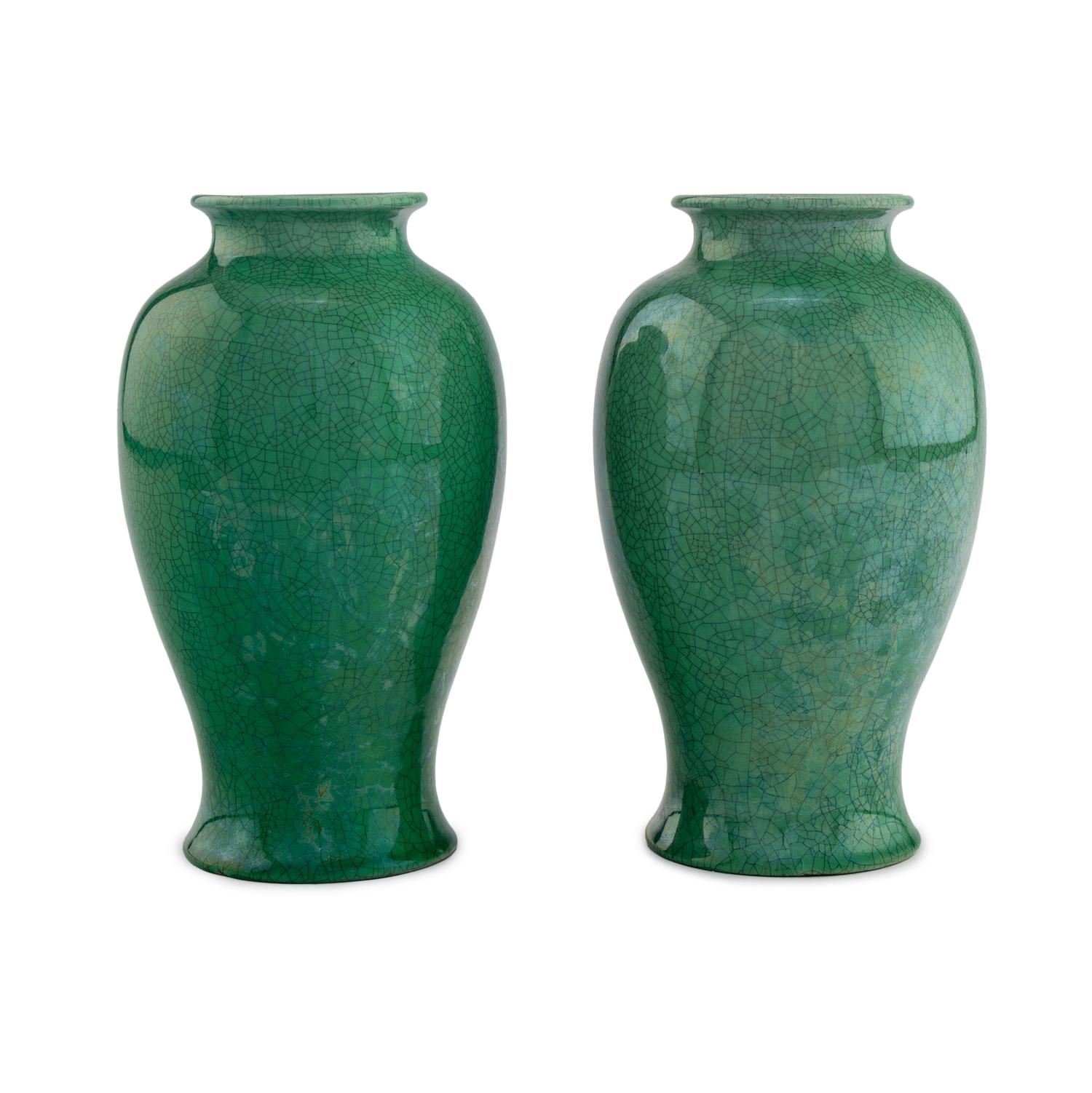 A Pair of Awaji Green Crackle Glazed Ceramic Vases