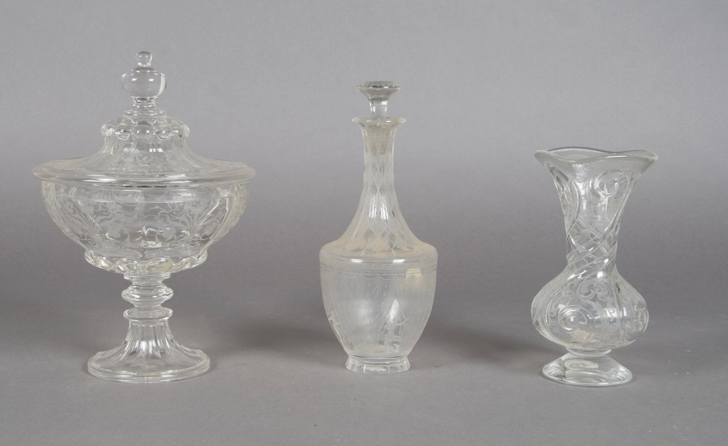 An Orrefors Etched Glass Perfume, Height of first 8 1/2 inches.