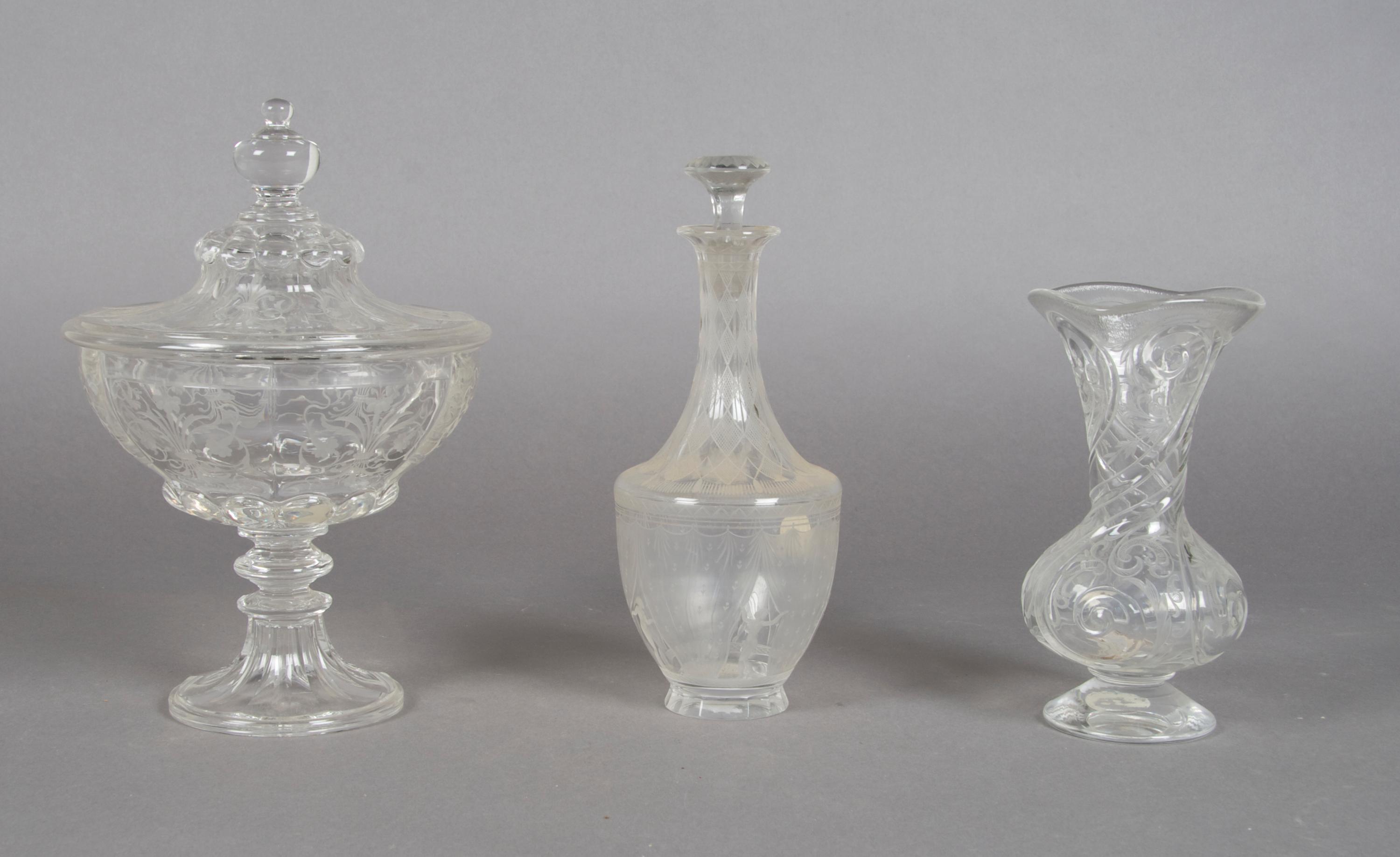 An Orrefors Etched Glass Perfume, Height of first 8 1/2 inches.