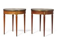 A pair of Louis XVI style brass-mounted mahogany bouillotte tables with white marble tops, 20th century