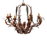 A Pair of Spanish Iron and Tole Eight-Light Chandeliers