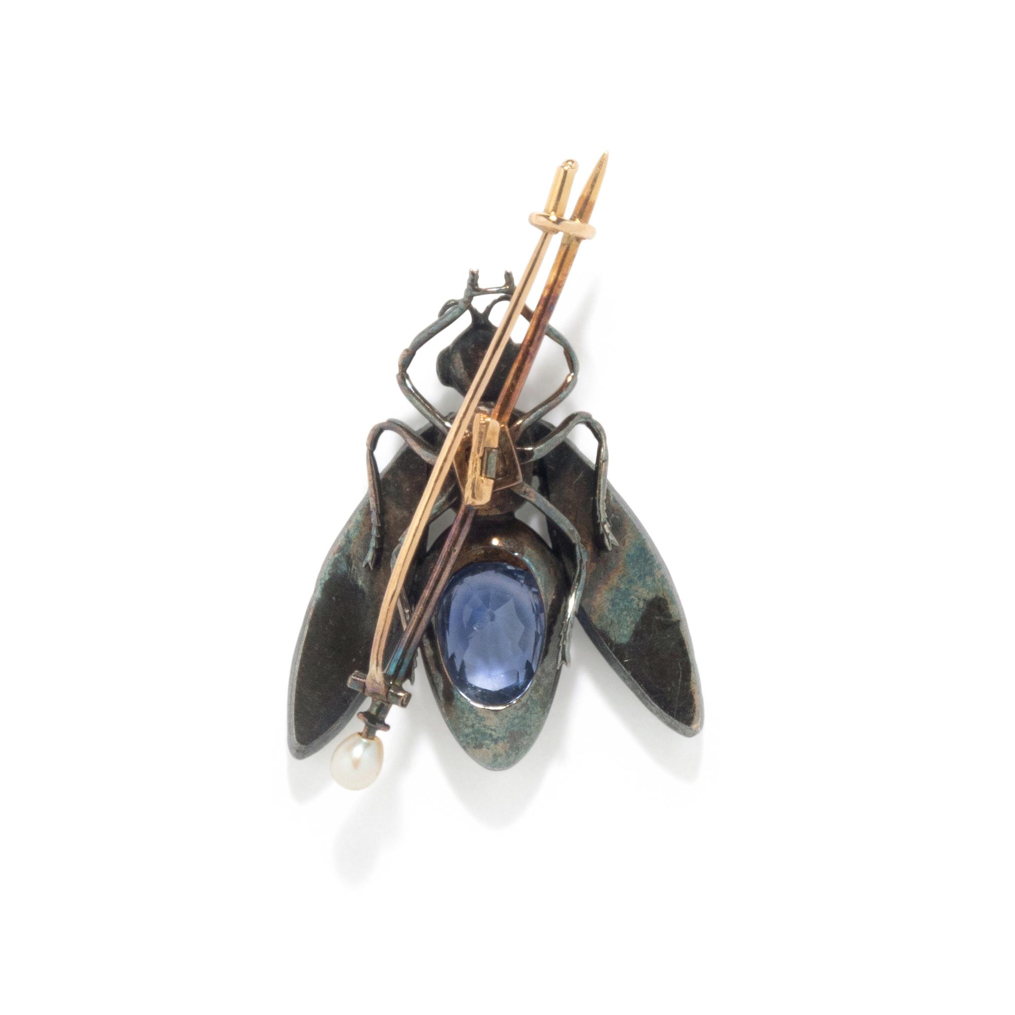 FRENCH, ANTIQUE, SAPPHIRE, DIAMOND, AND CULTURED PEARL INSECT BROOCH