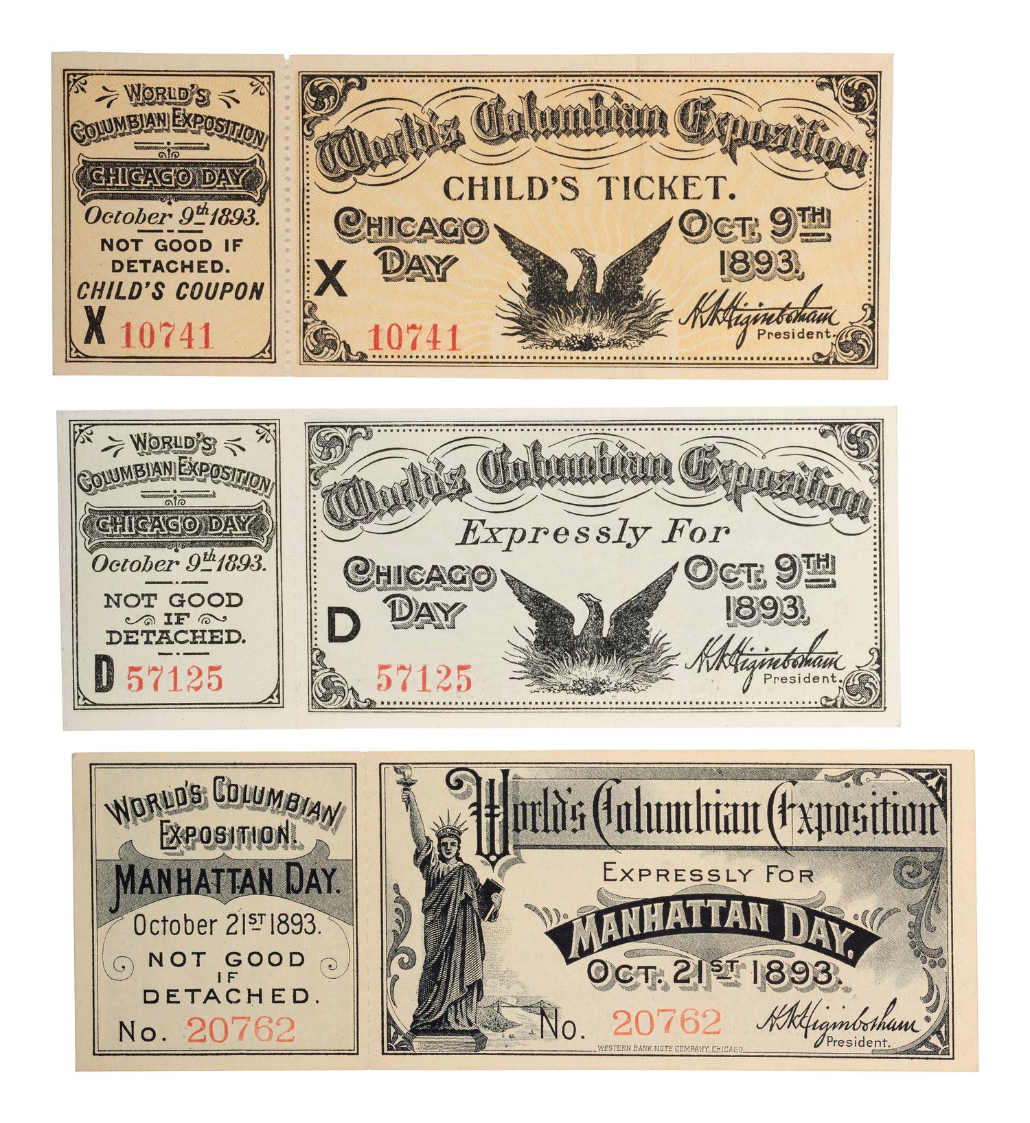 [GENERAL AMERICANA]. World's Columbian Exposition group of tickets and State of Louisiana $5 dollar bonds.