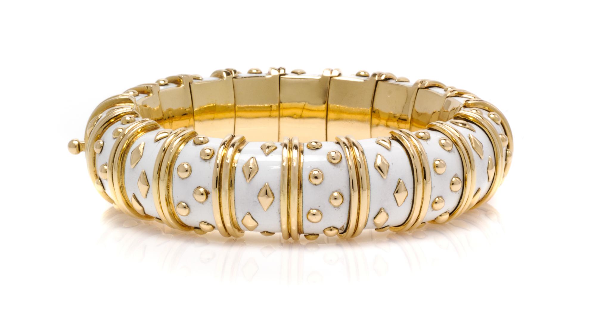 A Vintage 18 Karat Yellow Gold and White Enamel Paillonne Bracelet, Schlumberger for Tiffany & Co., France, 79.60 dwts.