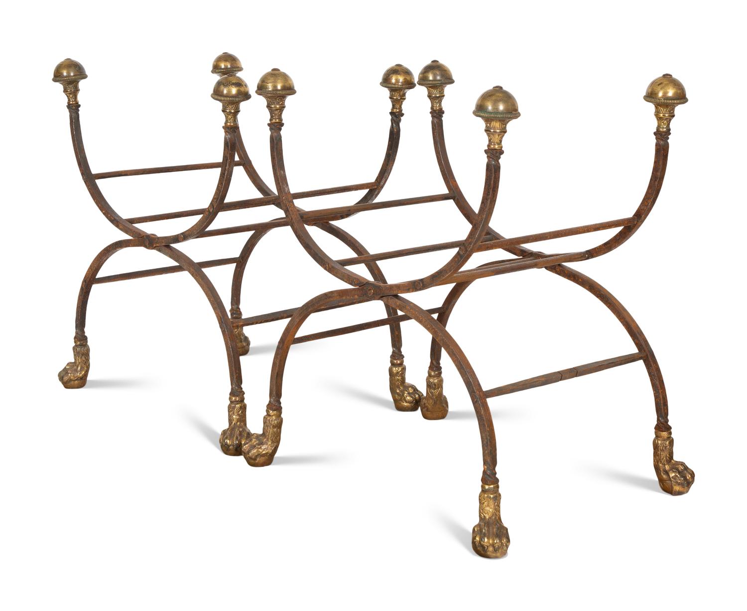 A Pair of Contemporary Curule-form Wrought Iron and Brass Stools