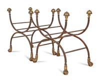 A Pair of Contemporary Curule-form Wrought Iron and Brass Stools