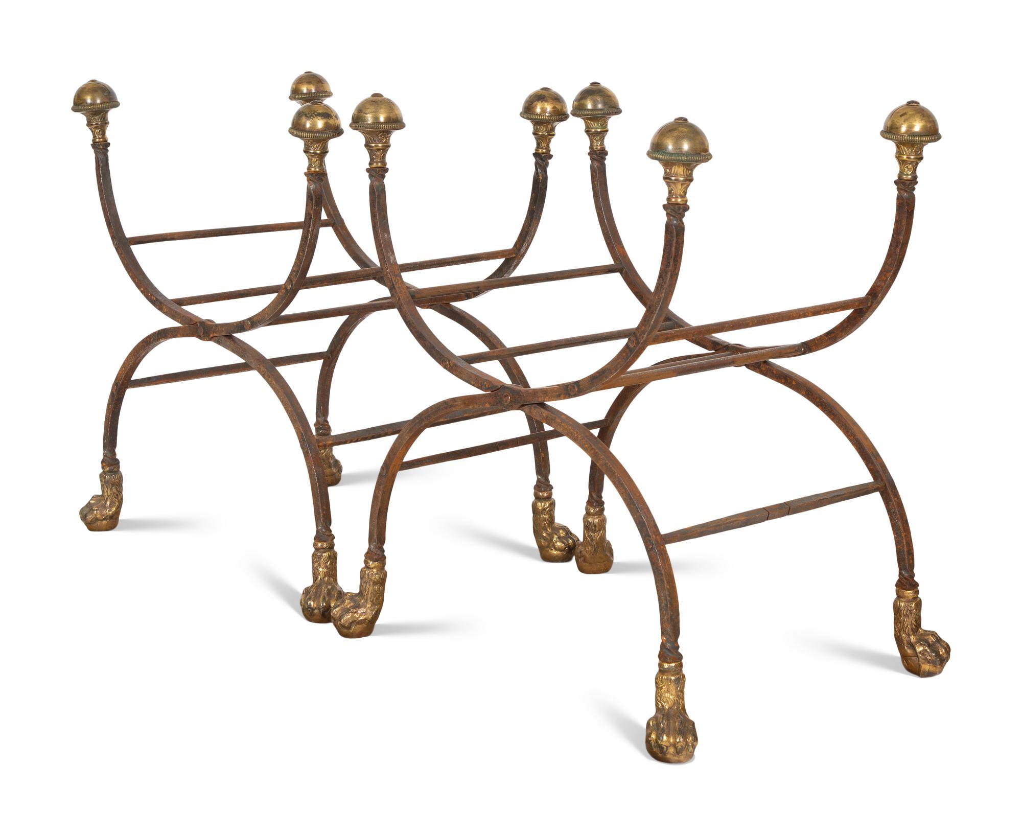 A Pair of Contemporary Curule-form Wrought Iron and Brass Stools
