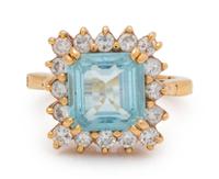 A Yellow Gold, Aquamarine and Diamond Ring,