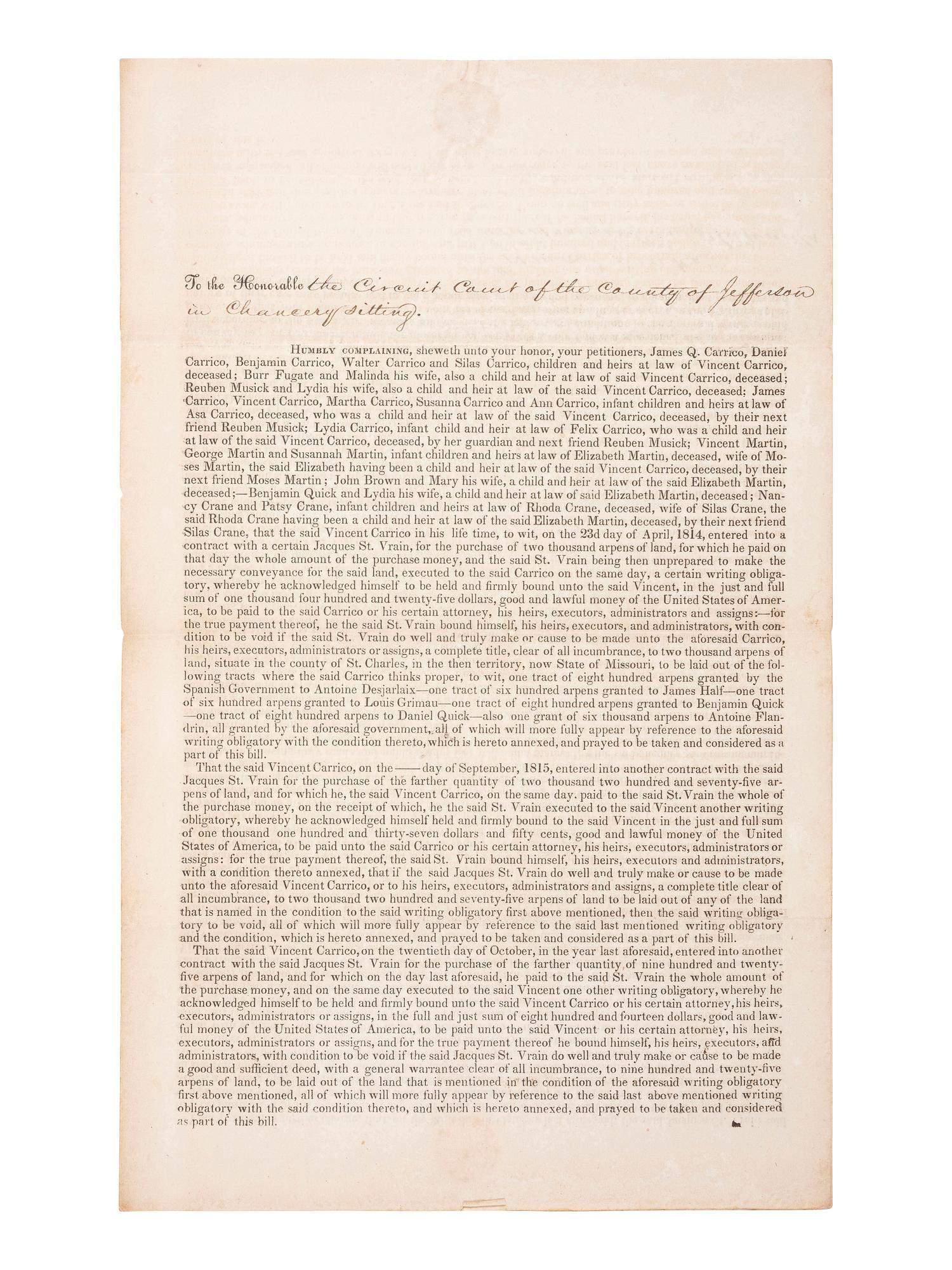 [WESTERN AMERICANA]. Manuscript survey of 6,000 acres near St. Louis owned by descendants of early Missouri settlers and brothers-in-law, Auguste Chouteau and Antoine Soulard, 1837.