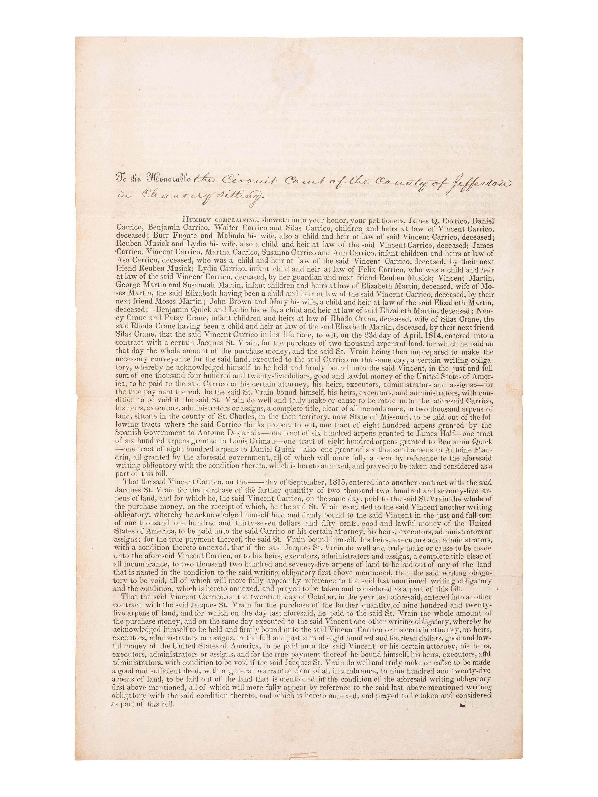 [WESTERN AMERICANA]. Manuscript survey of 6,000 acres near St. Louis owned by descendants of early Missouri settlers and brothers-in-law, Auguste Chouteau and Antoine Soulard, 1837.