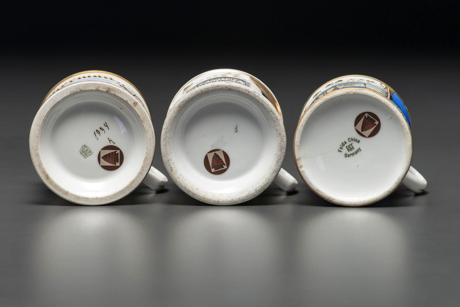 Three Porcelain Occupational Shaving Mugs Depicting Horse-Drawn Delivery Wagons
