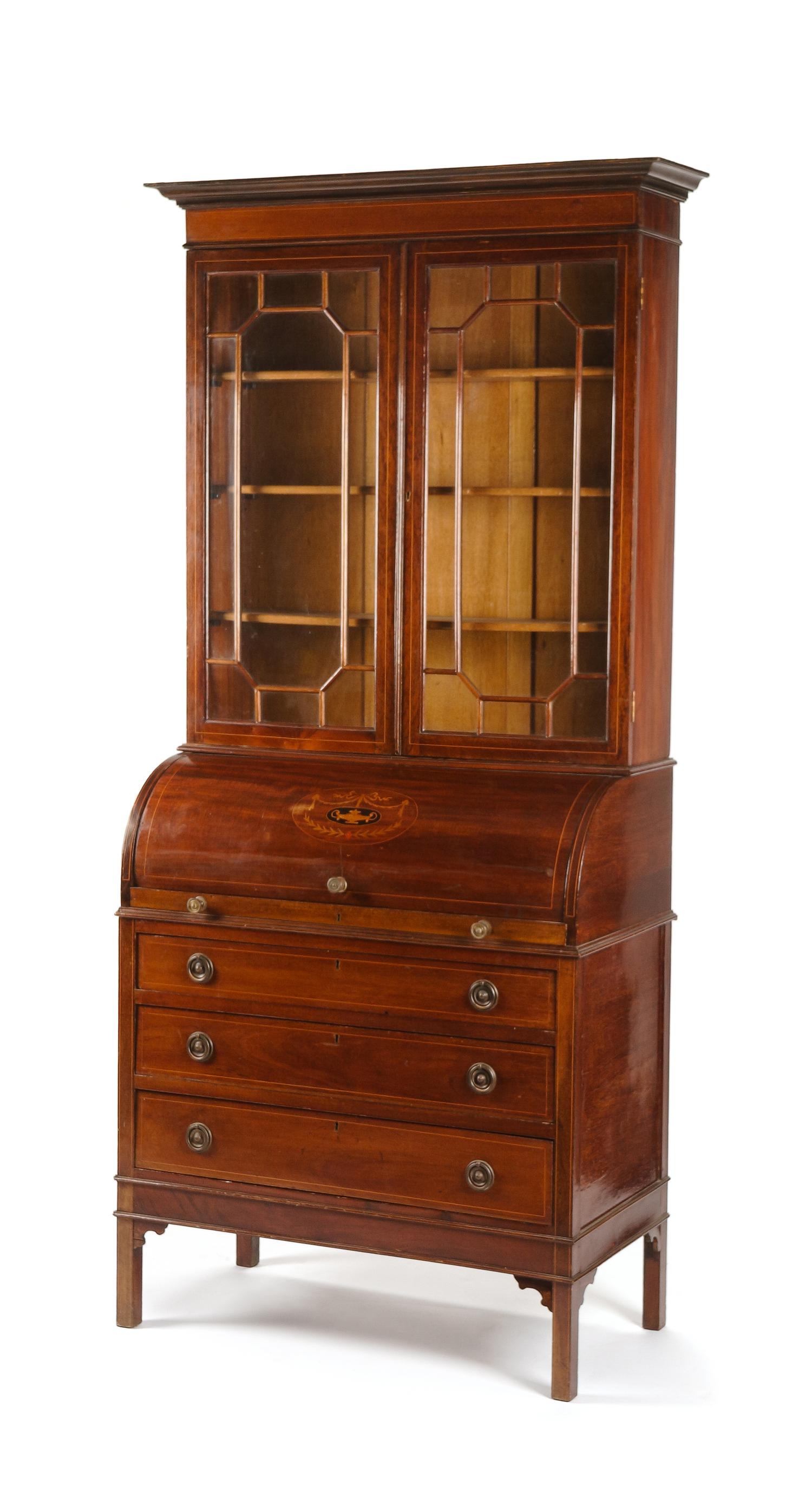 A George III Style Mahogany Cylinder Secretary Bookcase Height 90 x width 34 1/2 x depth 18 1/4 inches. — LATE 19TH/EARLY 20TH CENTURY