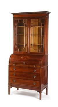 A George III Style Mahogany Cylinder Secretary Bookcase Height 90 x width 34 1/2 x depth 18 1/4 inches. — LATE 19TH/EARLY 20TH CENTURY