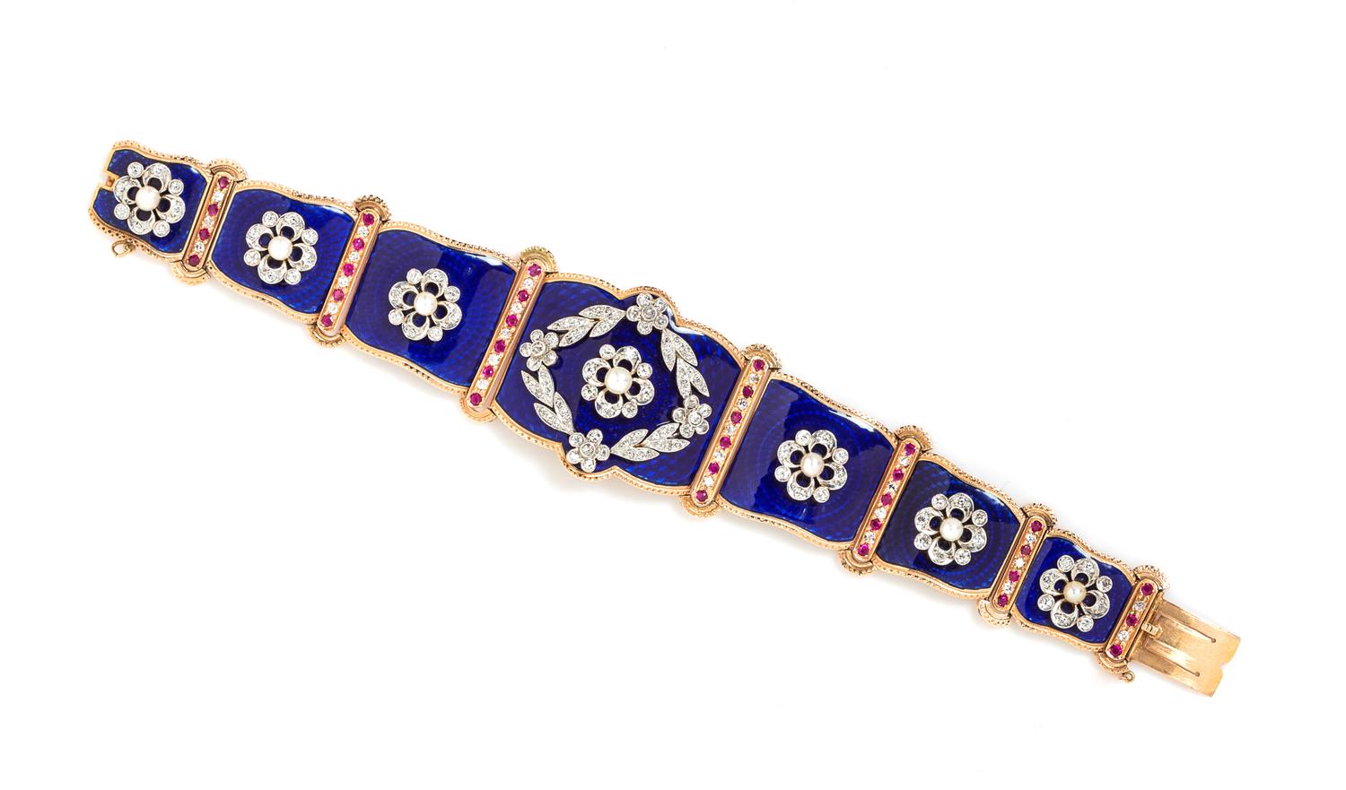 A Rose Gold, Diamond, Ruby, Pearl and Enamel Bracelet, 39.10 dwts.