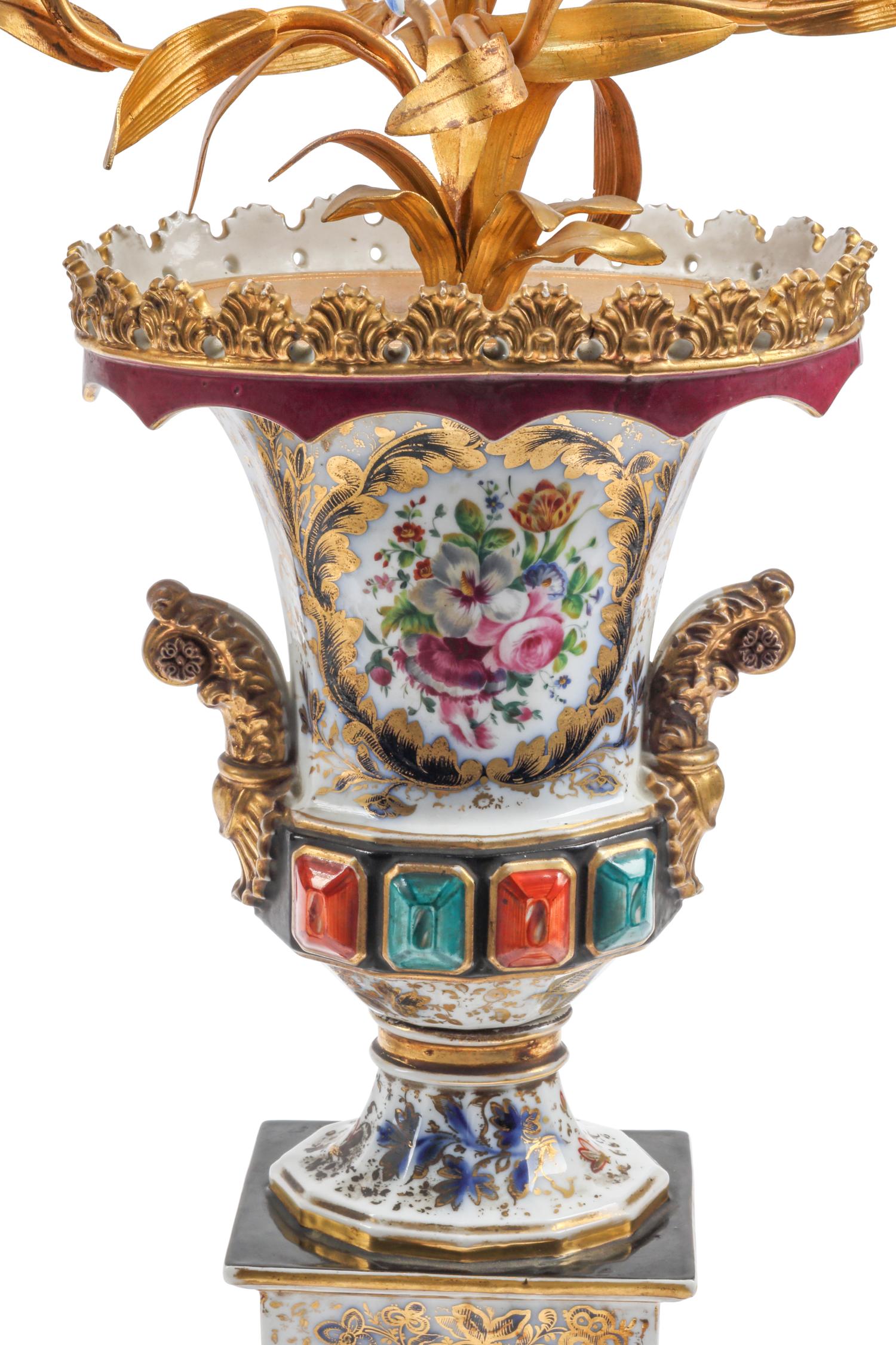 A Pair of Porcelain and Gilt Metal Four-Light Candelabra