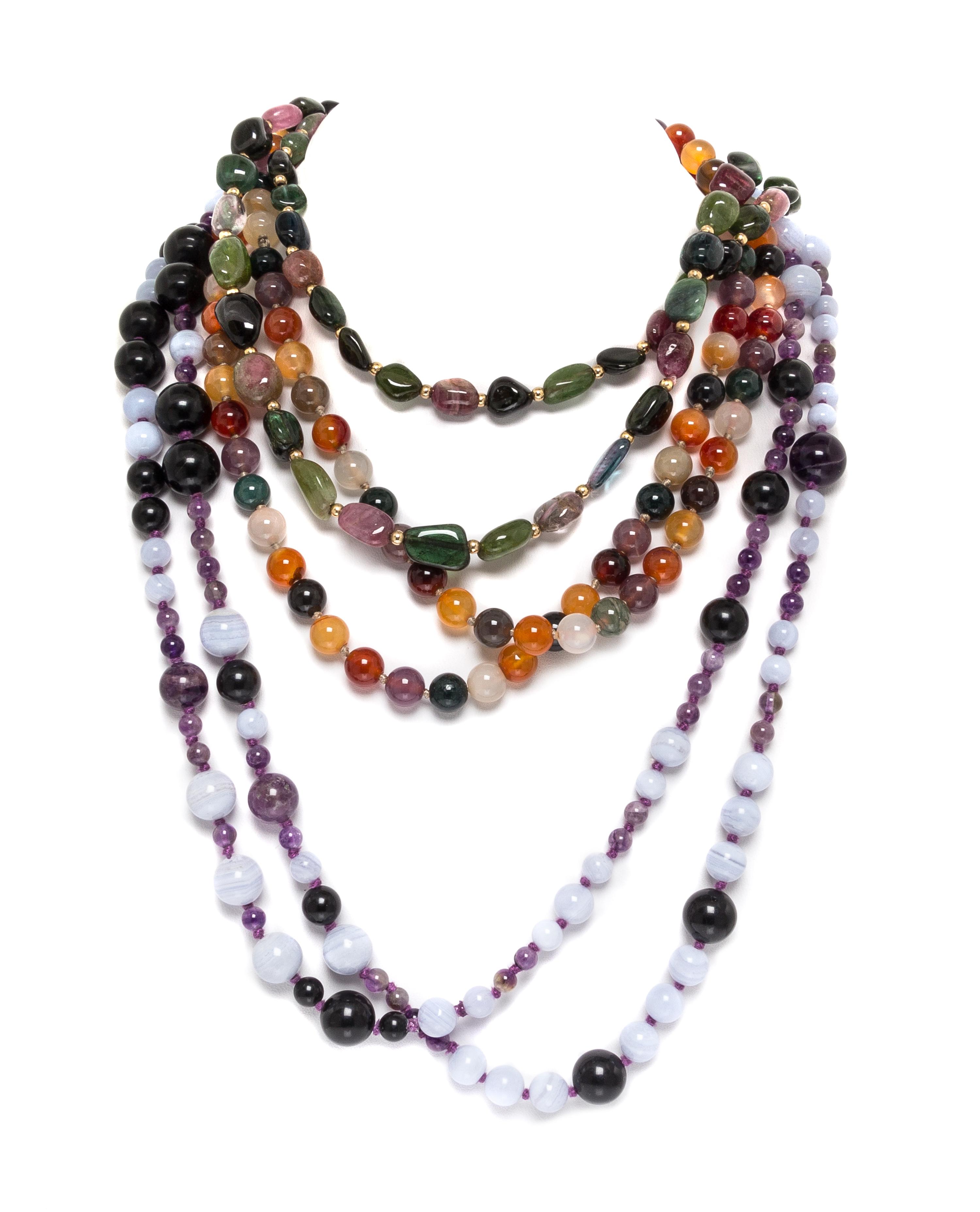 A 14 Karat Yellow Gold and Multi Colored Tourmaline Bead Necklace,