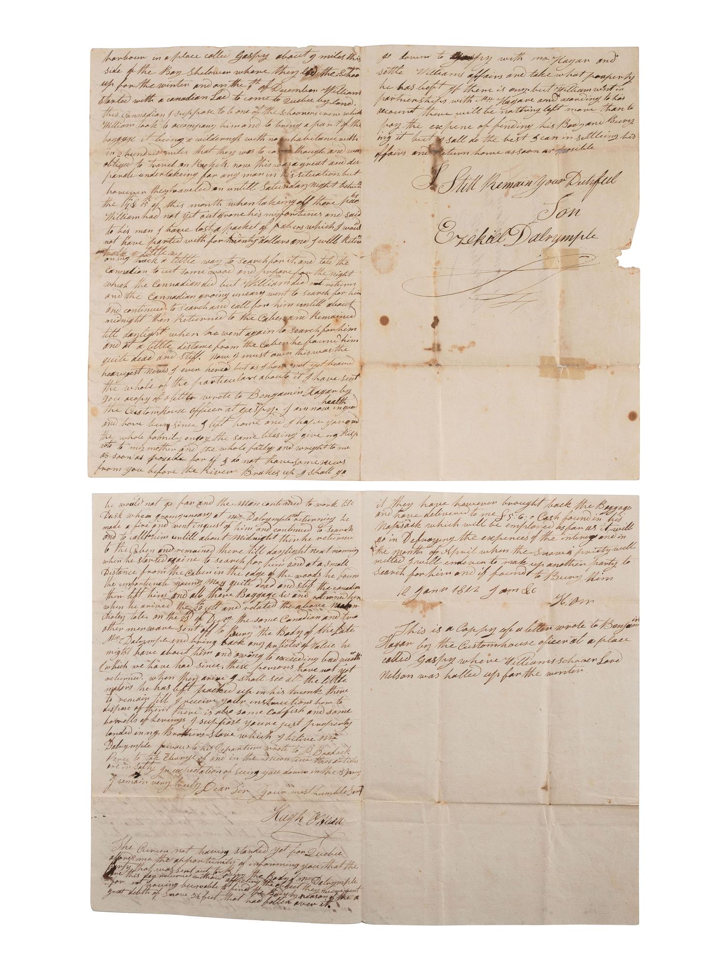 DALRYMPLE, Ezekiel. ALS describing the death of his brother William. Montreal, 24 February 1812.
