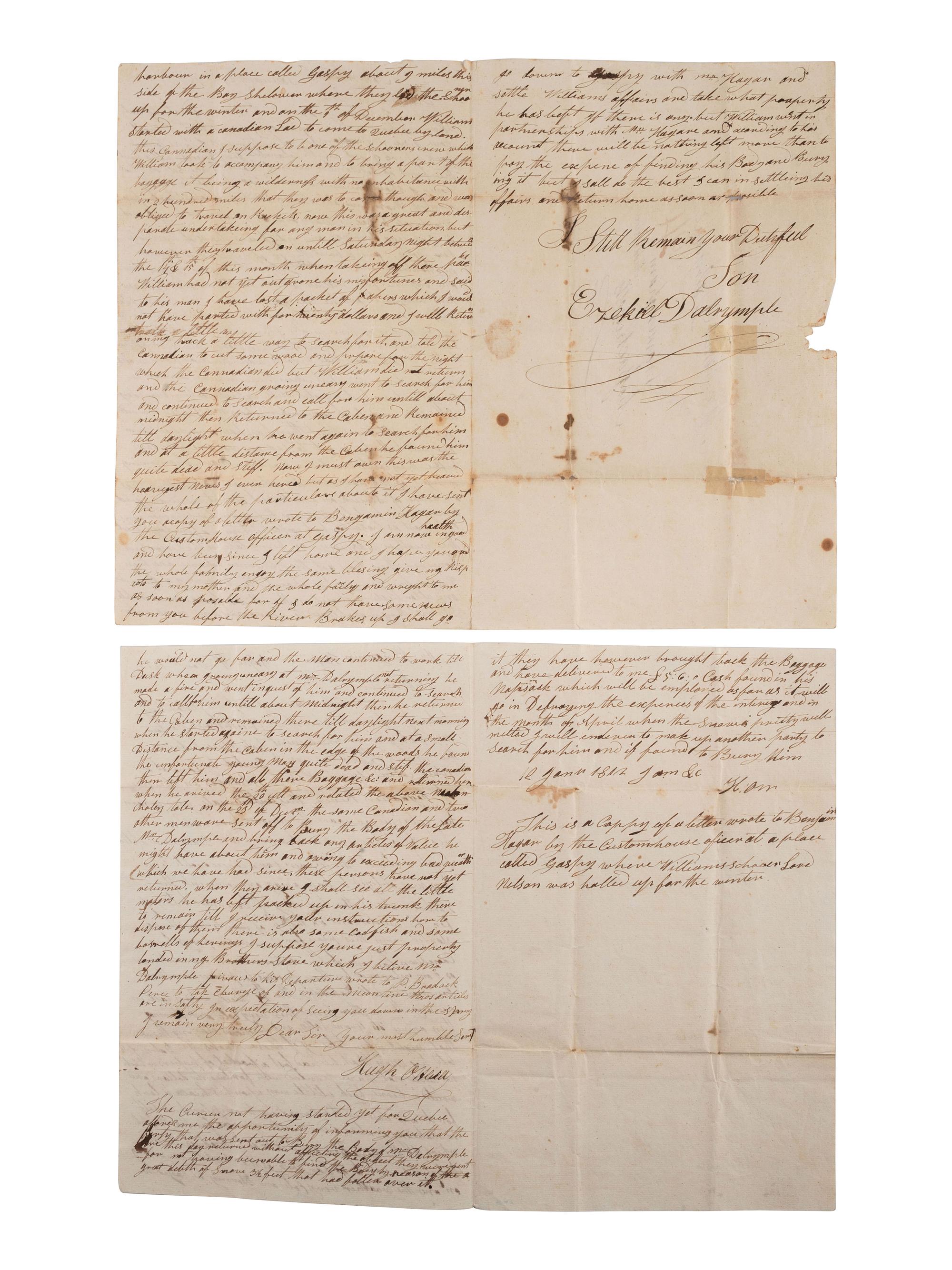 DALRYMPLE, Ezekiel. ALS describing the death of his brother William. Montreal, 24 February 1812.