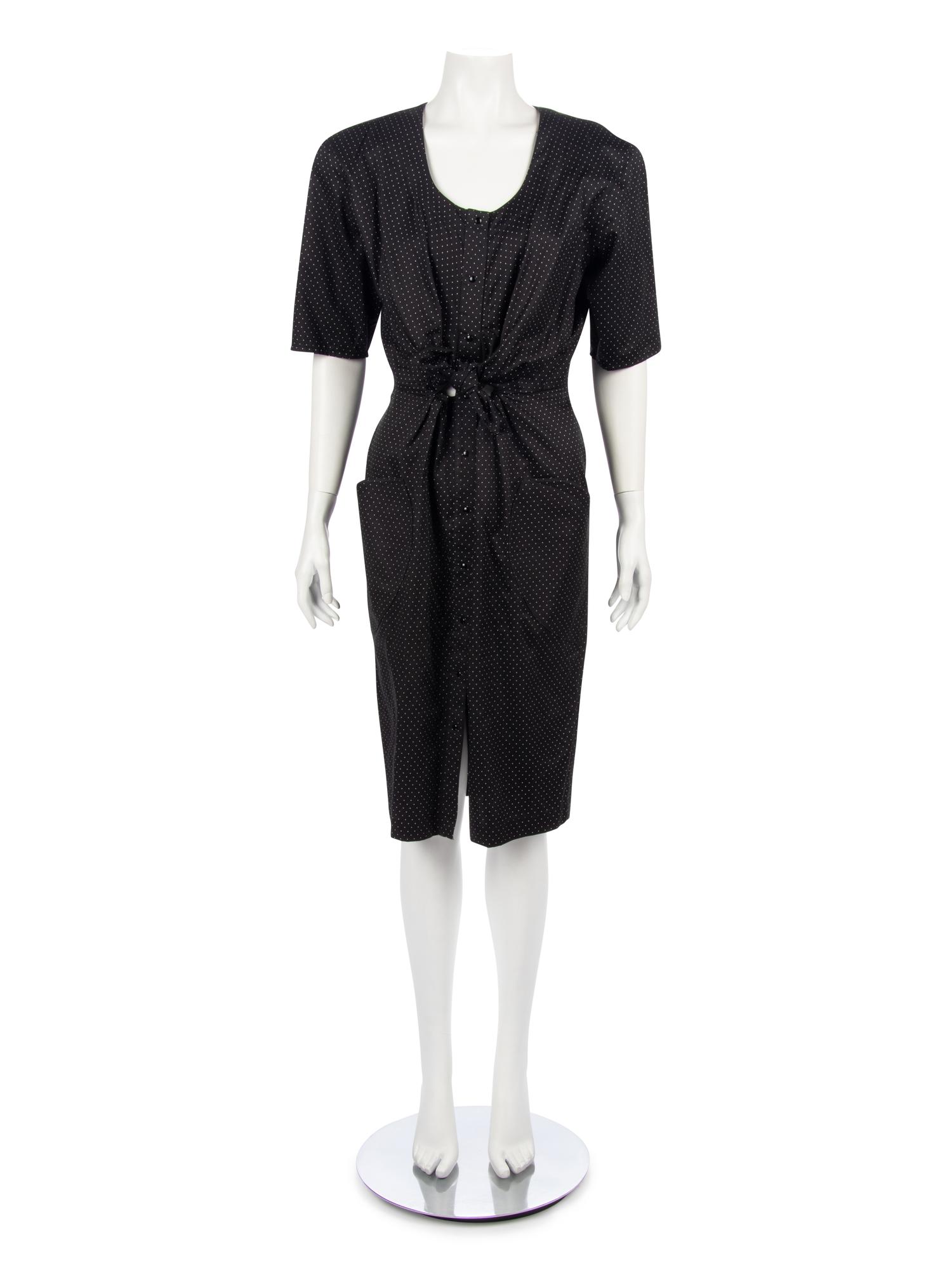 Two Thierry Mugler Dresses; One Blue with Rope Detail Dress, One Black Polka Dot Dress, 1980-90s