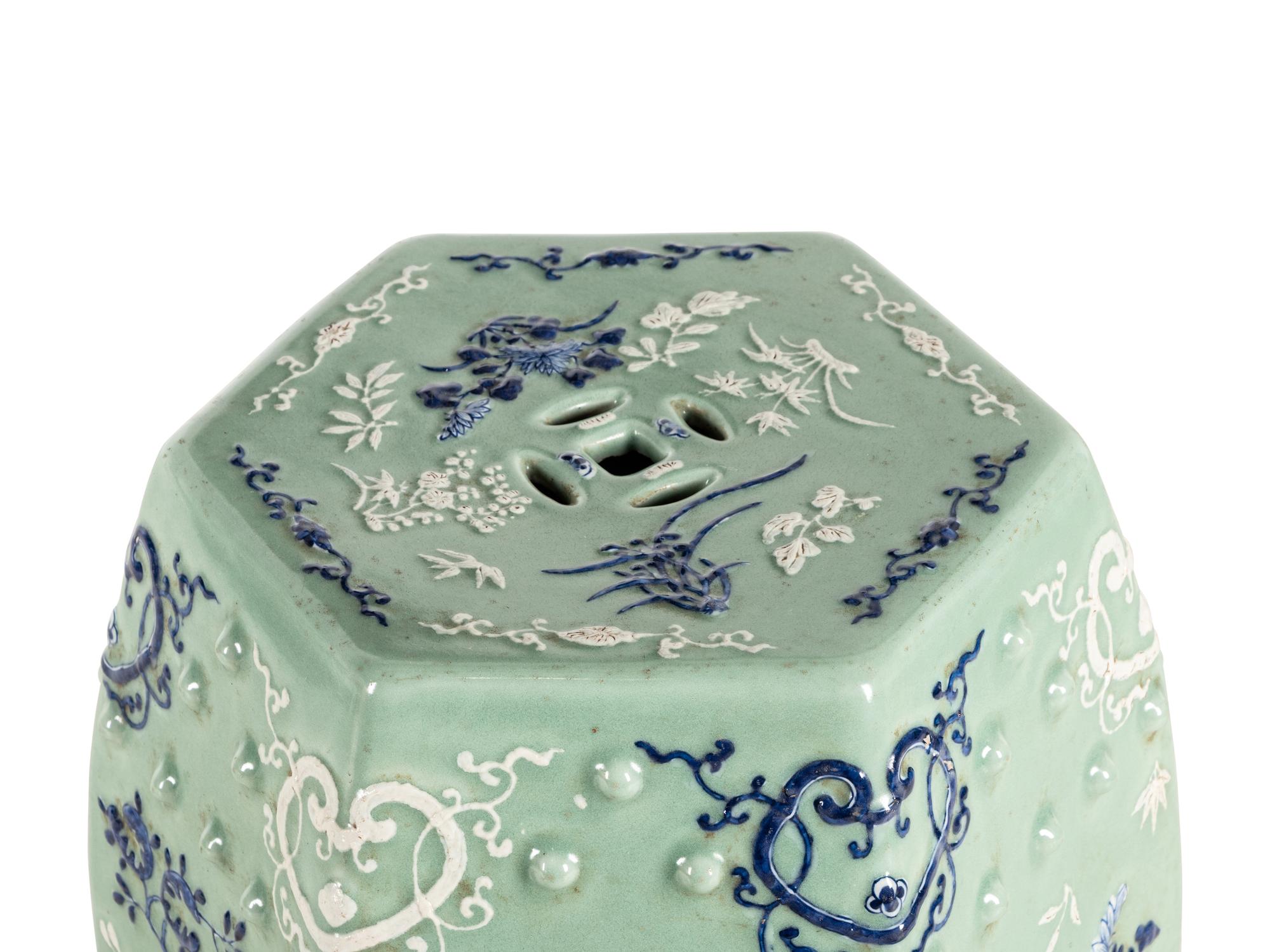A Chinese Celadon Round Blue and White Decorated Garden Stool